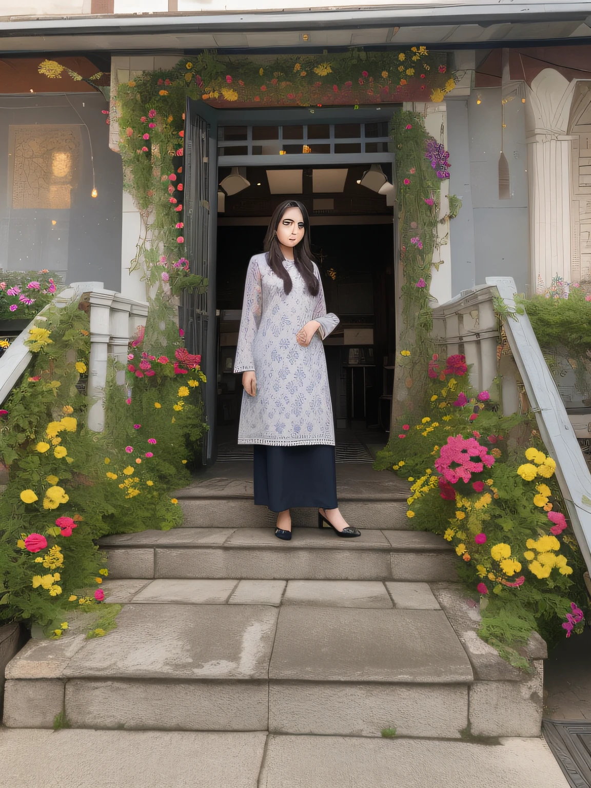 A woman with flowers stands in front of the building, based on Lubna Agha, Delightful surroundings, with flowers, in dramatic aristocratic attire, Wearing a silk kurta, In an aristocratic robe, The photo was taken in 2018, inspired by Modest Urgel, Flowers around, masterpiece work of art, Full-length photogenic shot, Standing in a restaurant