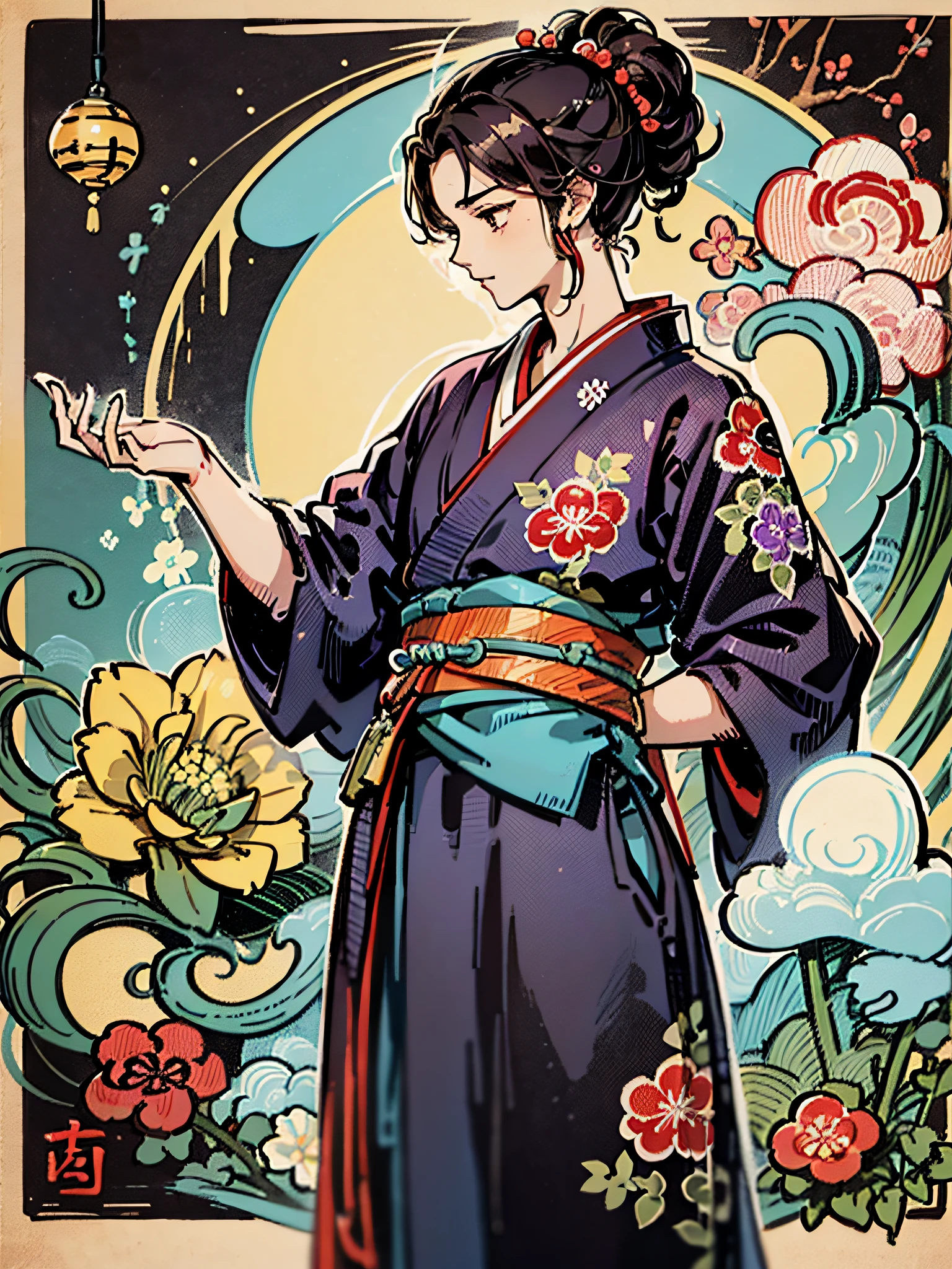 Propose a very attractive design、1boys、shoun、Depicts the whole body、Katsushika Hokusai-kaze、Natural color design、Bold and beautiful floral design、Autumn image、japanic style、Detailed diagram of the pattern、With the highest quality、masterpiece、hight resolution、ukiyoe style、Artistic style、Postcard Design、Balanced design、Composition that fits well、Emotional Art、Ukiyo-e style、japanese aesthetic、4K resolution、Gorgeous background art、Attributes of boys(male people、Lively、Ninja、Martial artist、、Cheerful boy、Bullish personality、Dignified、Beautiful Boys、A dark-haired、Lustrous hair、virtuous、Good impression)