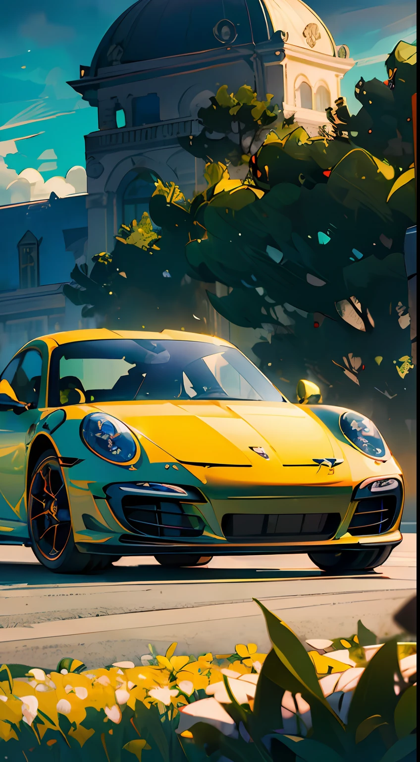 (((1Super Sport Porsche 911 turbo s))), ((green)),, full shot, intense colors, cinematic lighting