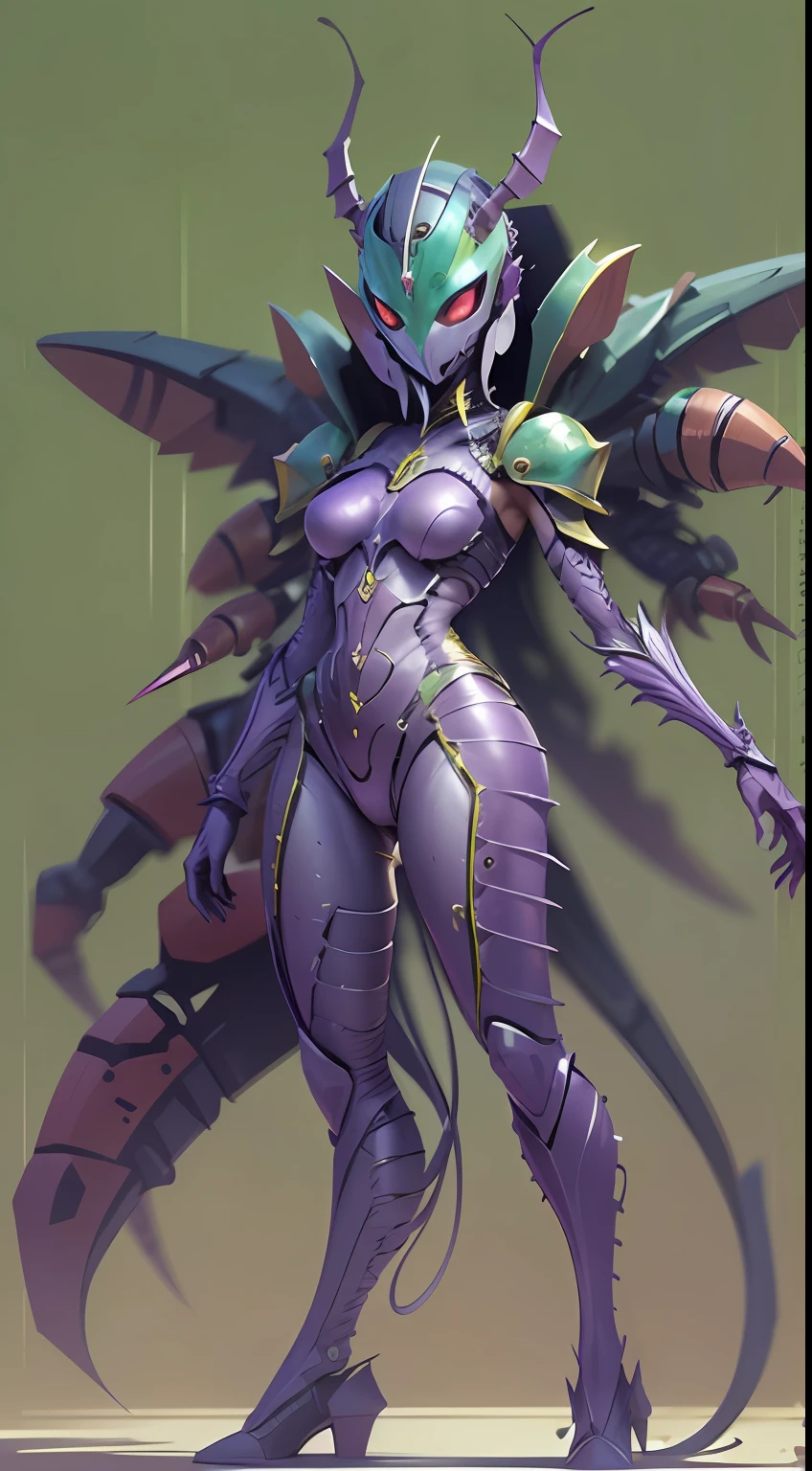Cartoon photo of a woman in a beautiful purple costume、Hot insect humanoid female、a person々takeout、Guyver Style、SFW version、Scarabeleploid、tail、Full Face Mask Cell Shade Adult Animation、Alien Queen、