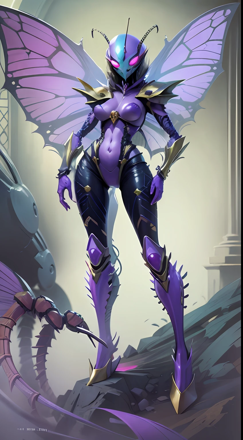 Cartoon photo of a woman in a beautiful purple costume、Hot insect humanoid female、a person々takeout、Guyver Style、SFW version、Scarabeleploid、tail、Full Face Mask Cell Shade Adult Animation、Alien Queen、