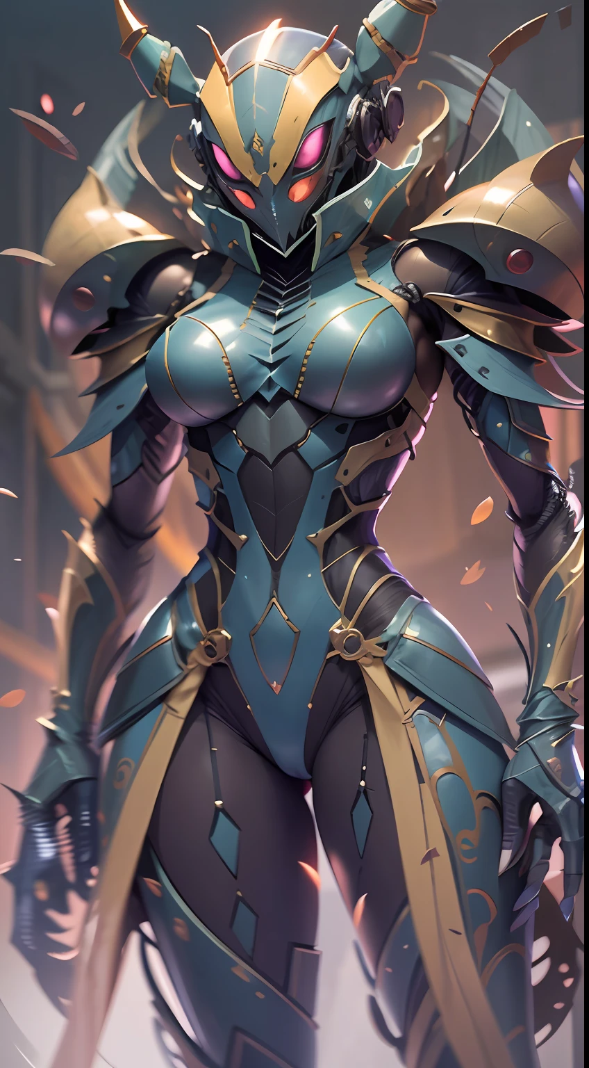 Cartoon photo of a woman in a beautiful purple costume、Hot insect humanoid female、a person々takeout、Guyver Style、SFW version、Scarabeleploid、tail、Full Face Mask Cell Shade Adult Animation、Alien Queen、