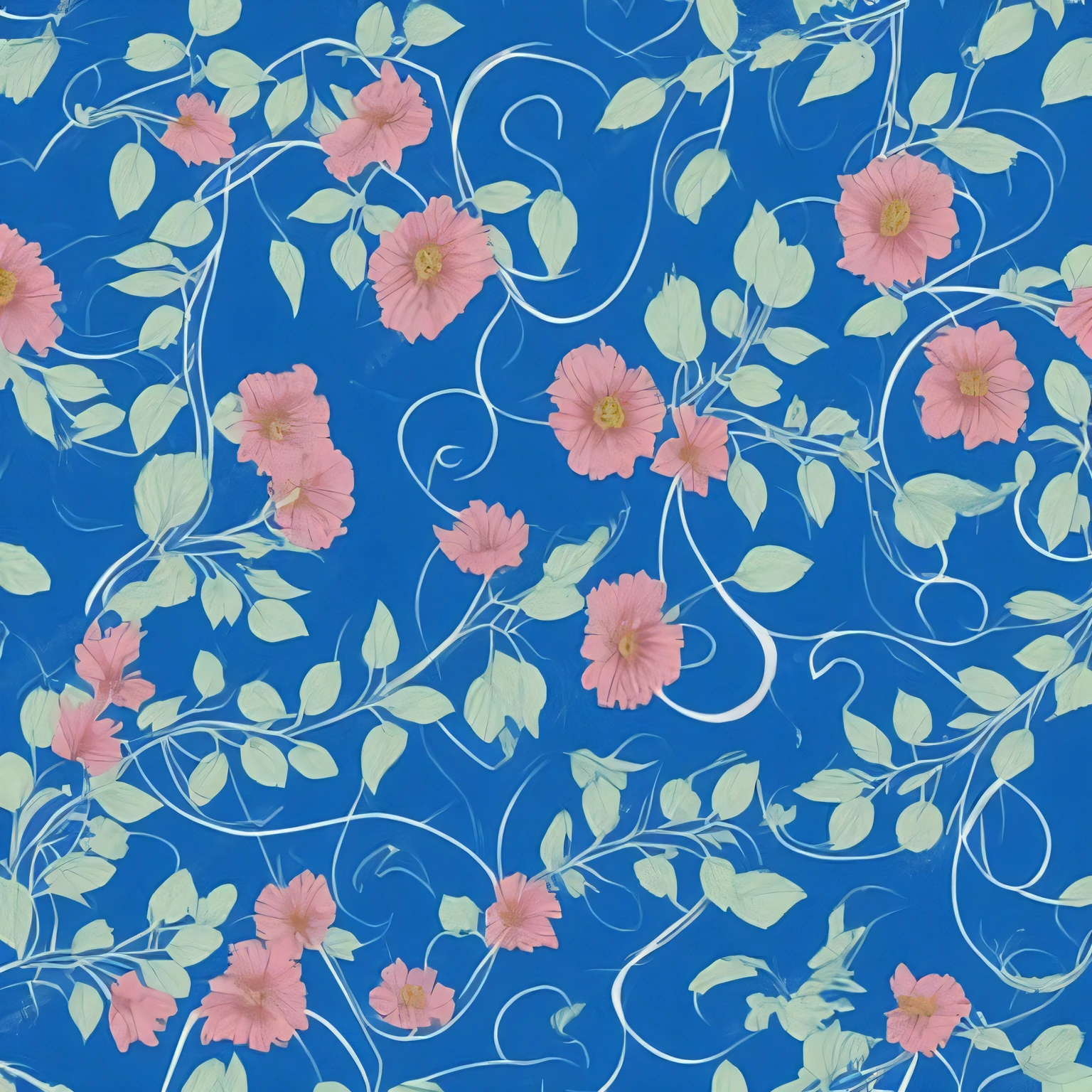 flowers and vines pattern with birds on a blue background