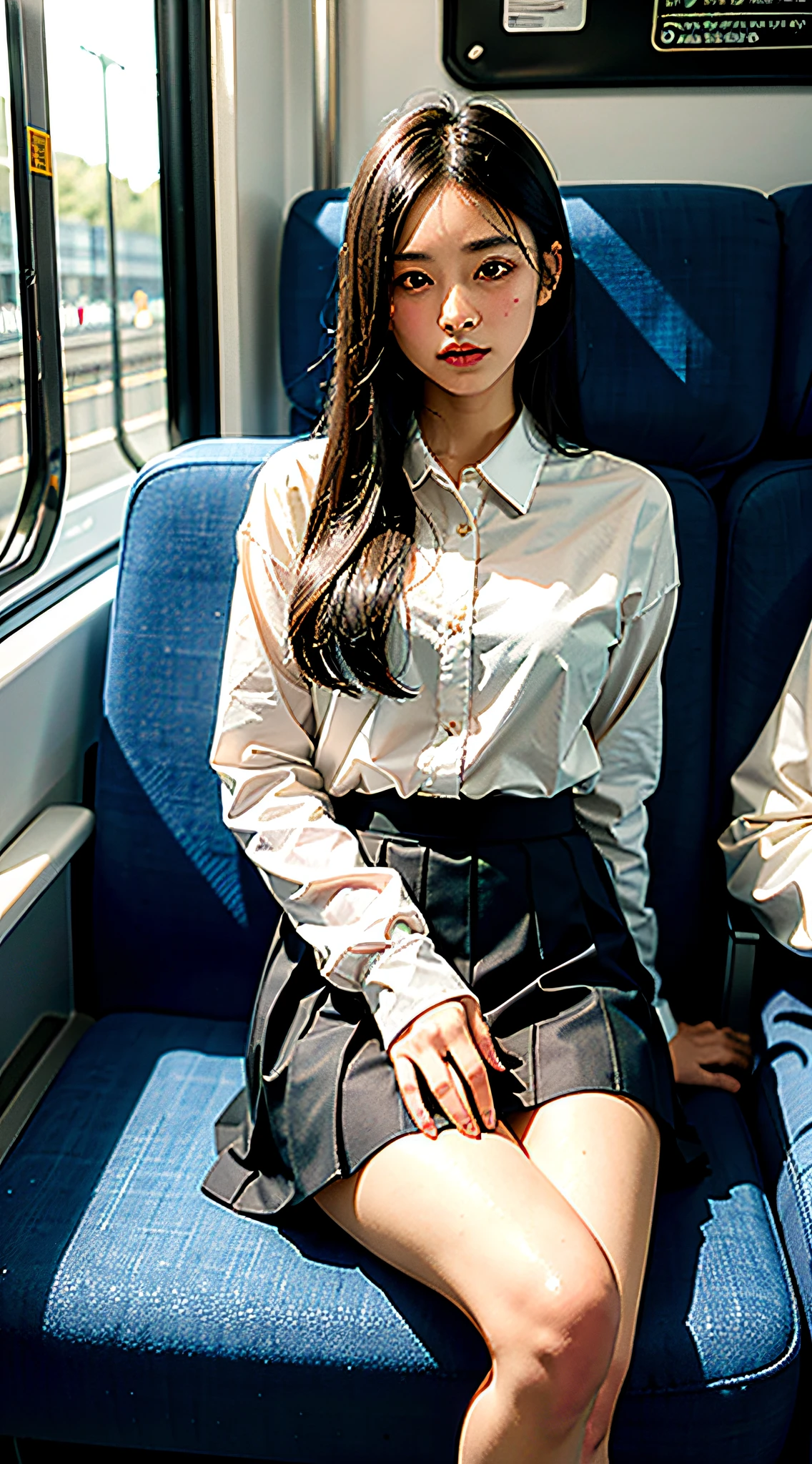 "(Masterpiece, High Definition, Ultra High Definition, 4K) Black hair, 14 years old Japan girl, uniform skirt, emphasizing thighs, white thighs, soft thighs, glossy thighs, sitting on the train, face-to-face angle, (angle from below),sitting in the train seat,Sitting in front,Zoom camera in the crotch,Feet on the train floor,Full body,Looking down and sleepy,Looking at the viewer only", best quality, ultra high definition, (photorealistic:1.4),, high resolution, detail, raw photo, sharp re, Nikon D850 film stock photo by Lee Jefferies 4 kodak portra 400 camera f1.6 lens rich colors hyper realistic lively textures dramatic lighting unreal engine artstation trends cinestir 800,