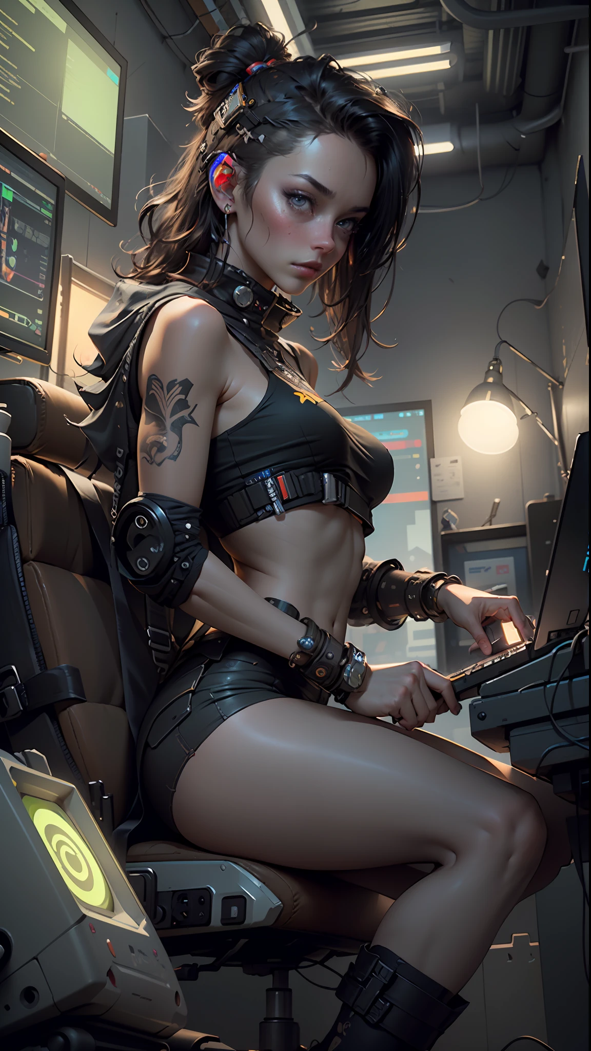 ((Best quality)), ((masterpiece)), (highly detailed:1.3), 3D, beautiful (cyberpunk:1.3) female hacker with thick voluminous hair operating a computer terminal, computer servers, LCD screens, fibre optic cables, corporate logos,HDR (High Dynamic Range),Ray Tracing,NVIDIA RTX,Super-Resolution,Unreal 5,Subsurface scattering,PBR Texturing,Post-processing,Anisotropic Filtering,Depth-of-field,Maximum clarity and sharpness,Multi-layered textures,Albedo and Specular maps,Surface shading,Accurate simulation of light-material interaction,Perfect proportions,Octane Render,Two-tone lighting,Low ISO,White balance,Rule of thirds,Wide aperature,8K RAW,Efficient Sub-Pixel,sub-pixel convolution,luminescent particles,