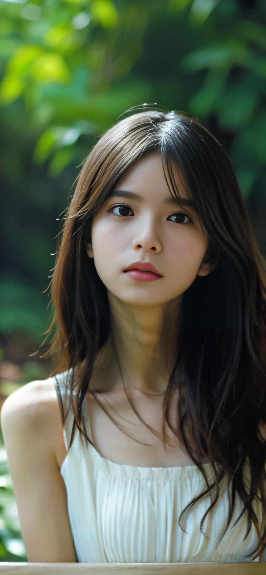 film portrait photography, 1girl, exposed bare shoulders, Wavy shoulder-length hair, peacful, serenidade, (Realistic detailed eyes, Natural skin texture, Realistic facial details), Soft dramatic lighting, depth of fields, bokeh, vibrant detail, finedetail, hyper realisitc, 35mm film, Hazy and blurry, cinematic ligh,Petite