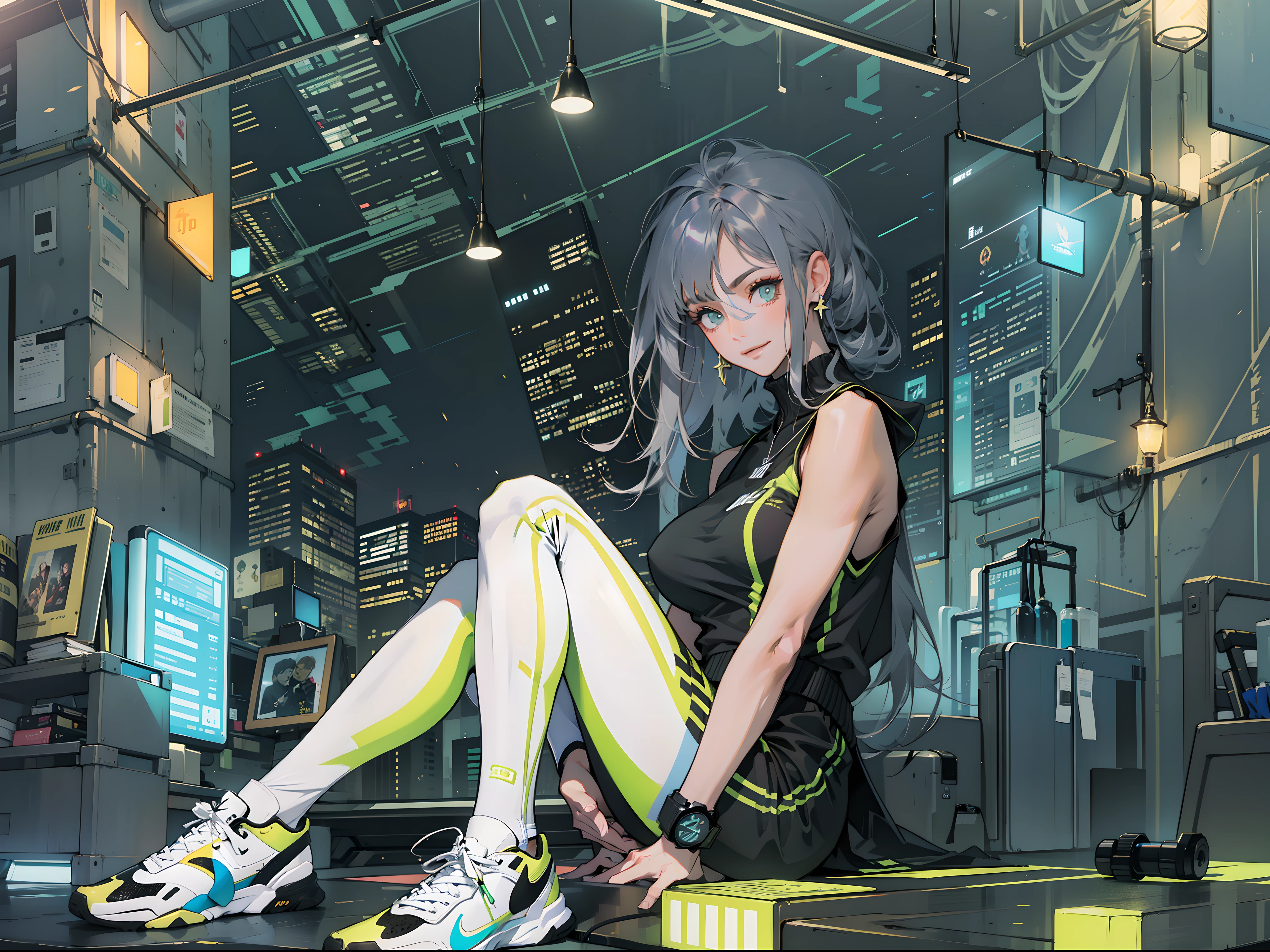 Best quality,tmasterpiece,Ultra-high resolution fills the picture,Indoor at night,the night,Indoor neon lights,Yellow color scheme,Rich egg yellow,Silvery-white hair,Yellow and black tights,Yellow and black color scheme clothing,Sporty skirts,the complex background,Gym interior background,Weight instruments in the background,High-tech screen in the background,Lateral face,Smiling,Dress less,There are fitness elements in the rear,nike,nike,nike,Tech gym,Perfect makeup,Love eyes,8K quality,Cyberpunk,sense of science and technology,Character backlighting,rim-light,Movement changes,Flowing hairstyle,Loose hairstyle,The number of fingers is refined,Full body in camera,9 doppelganger diagram,Luminous stud earrings,Luminous digital necklace,Electronic digital watches,The most beautiful girl in mankind,Delicate close-up of the face,Realistic image quality,Super light and shadow,Very good figure,Meticulous,Arrow symbol,Brand sense,English slogan neon,Runway lights,Fitness gym at night,Very good figure,Raised sexy,luminous,Faraway view,Full body in camera,独奏,There is only one character,femele