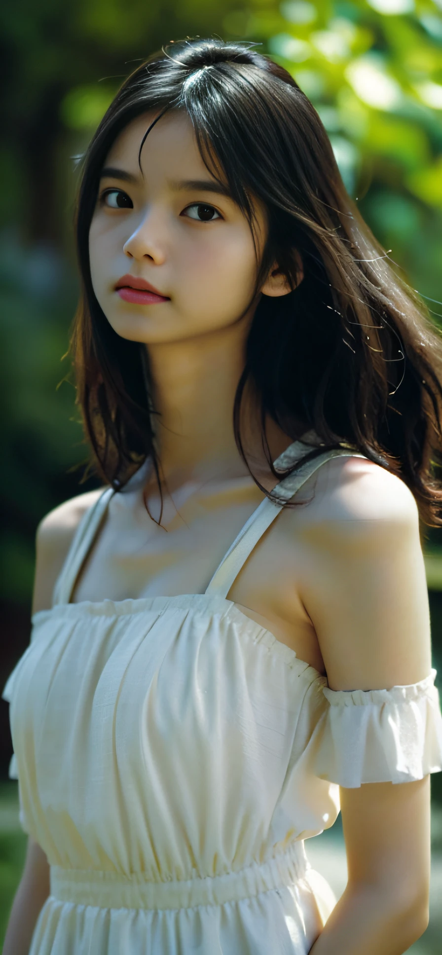 film portrait photography, 1girl, exposed bare shoulders, Wavy shoulder-length hair, peacful, serenidade, (Realistic detailed eyes, Natural skin texture, Realistic facial details), Soft dramatic lighting, depth of fields, bokeh, vibrant detail, finedetail, hyper realisitc, 35mm film, Hazy and blurry, cinematic ligh,Petite
