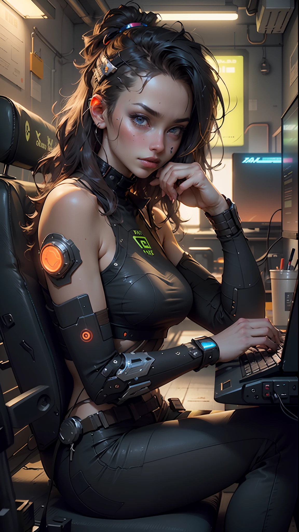 ((Best quality)), ((masterpiece)), (highly detailed:1.3), 3D, beautiful (cyberpunk:1.3) female hacker with thick voluminous hair operating a computer terminal, computer servers, LCD screens, fibre optic cables, corporate logos,HDR (High Dynamic Range),Ray Tracing,NVIDIA RTX,Super-Resolution,Unreal 5,Subsurface scattering,PBR Texturing,Post-processing,Anisotropic Filtering,Depth-of-field,Maximum clarity and sharpness,Multi-layered textures,Albedo and Specular maps,Surface shading,Accurate simulation of light-material interaction,Perfect proportions,Octane Render,Two-tone lighting,Low ISO,White balance,Rule of thirds,Wide aperature,8K RAW,Efficient Sub-Pixel,sub-pixel convolution,luminescent particles,