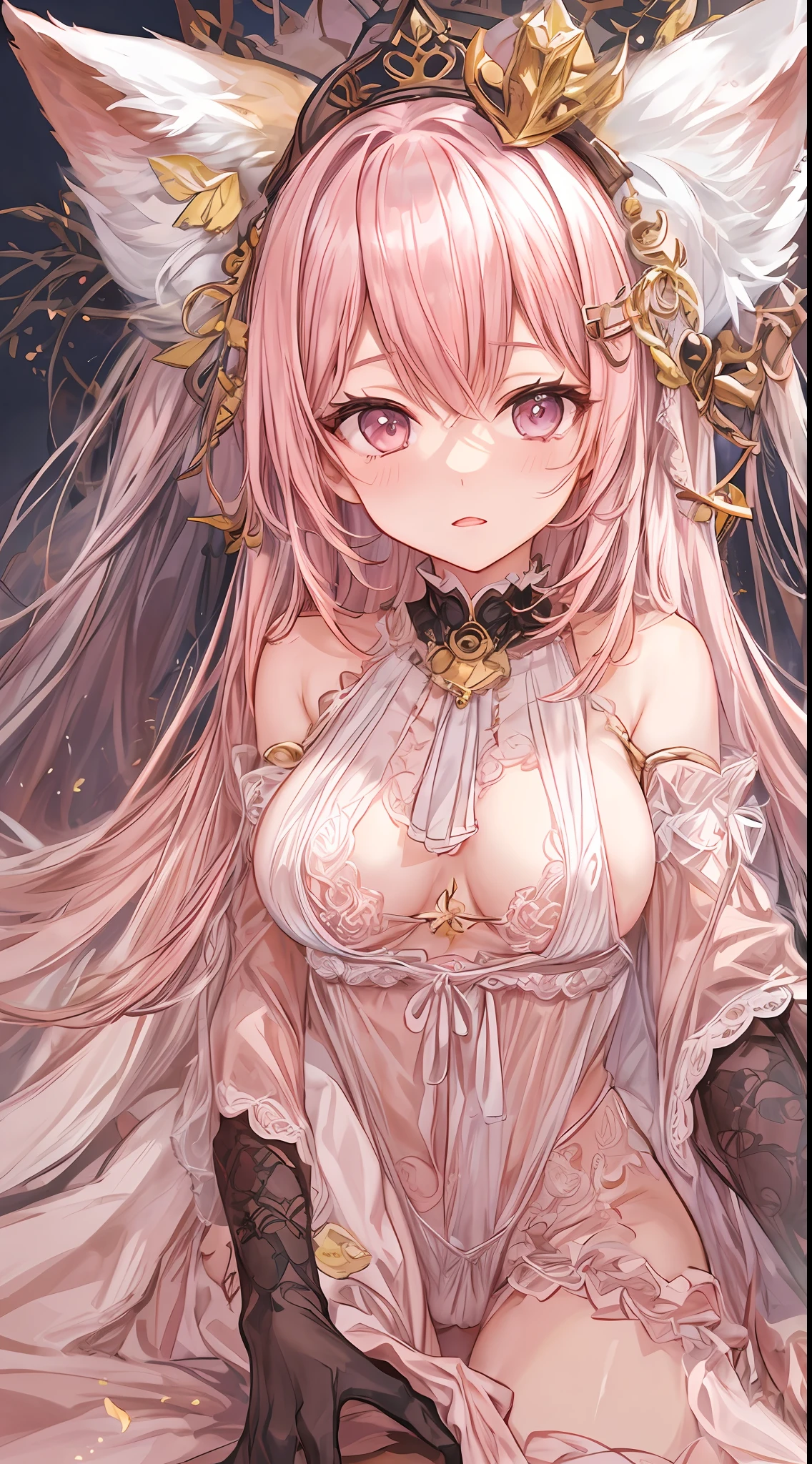 anime (🦊 fox ears, enchanting pink hair, focused on crotch, ample bosom, gorgeous lace gown