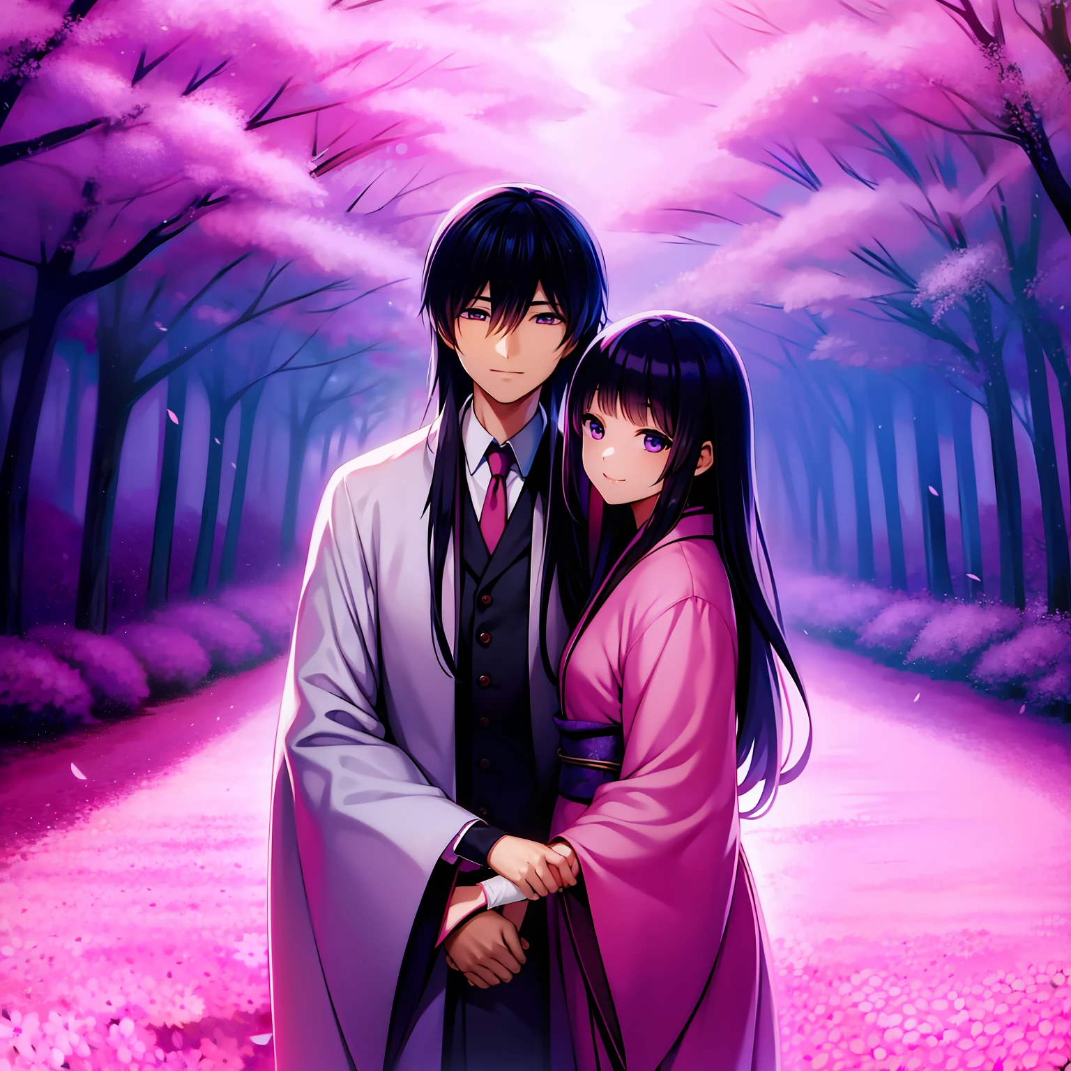 One man and one woman Girl long hair purple eyes smile garden spring pink cherry blossom kimono boy short hair black hair blue eyes Japanese clothes shy two people holding hands Japanese anime style