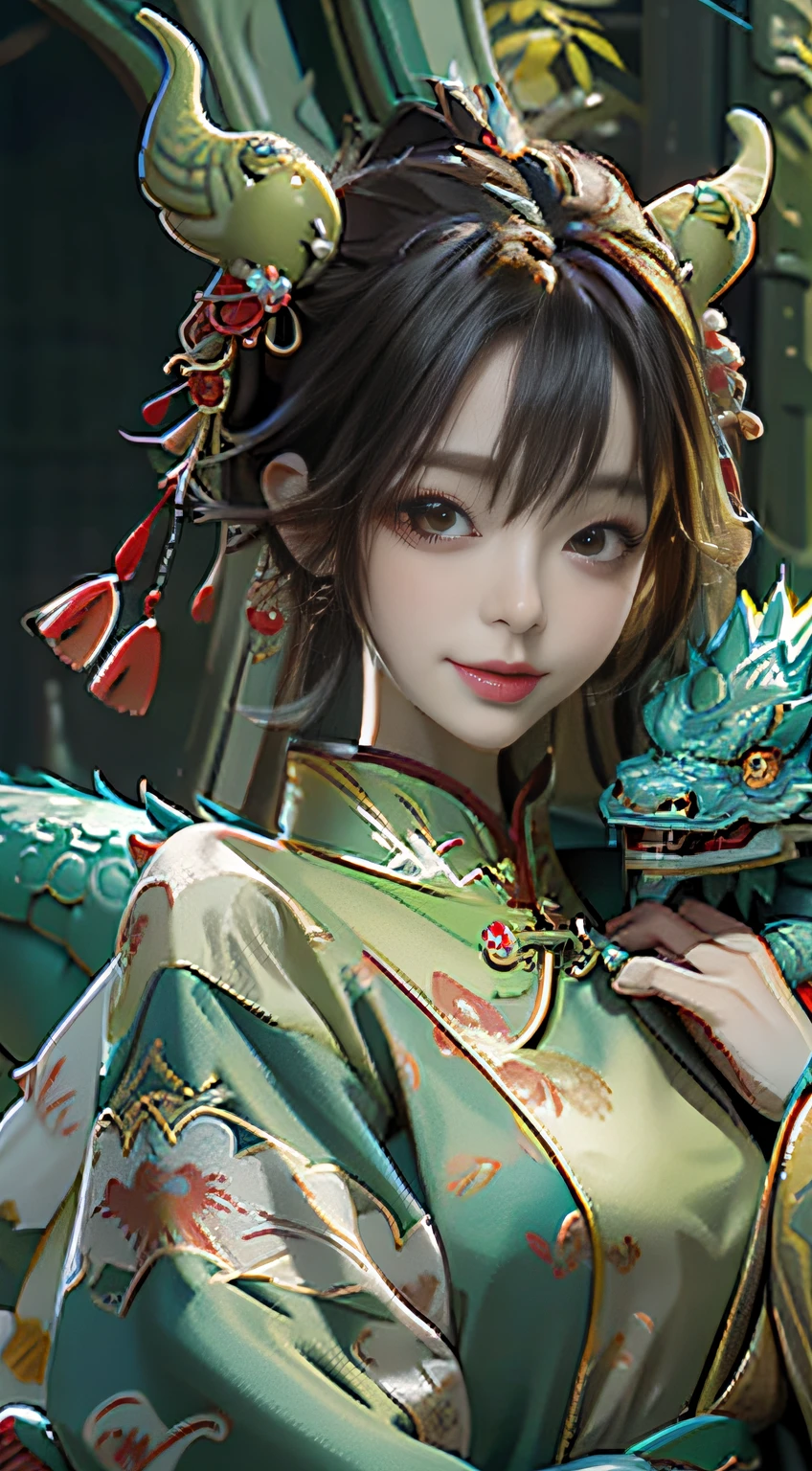 Masterpiece, best quality, make friends with Chinese dragons, fun, happy, bright, dragons