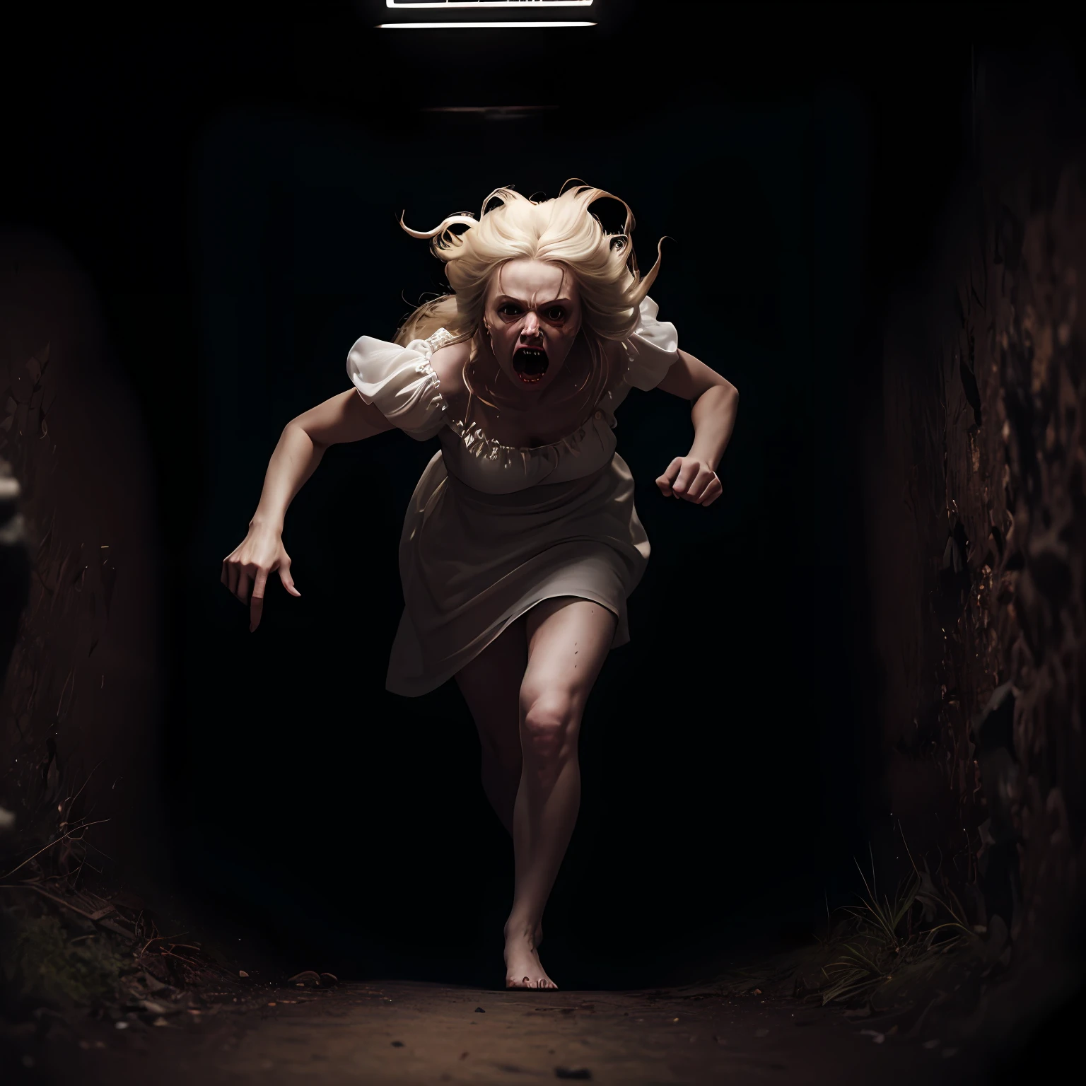 horror art, dread, Best quality, masterpiece, ultra high res, (photorealistic:1.4), Action shot of terrifying ghost chasing after the viewer, dynamic running, in a decrepit underground tunnel in Hell, creepy, white dress, unnerving, unsettling, terrifying, 80mm, horror lighting, dynamic action