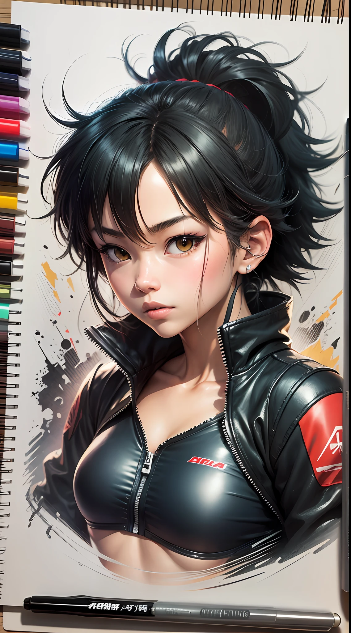 Akira anime movie FEMALE character KEI consists of - Art - O - Katsuhiro Ôtomo, moto racing girl, fixing motorcycle engine, mechanic, KEI KEI KEI, BLACK leather jacket, black racing suit, MOTO GP suit, hand drawn, pencil ink on sketch book, color pencils and markers on table, anime manga Art Style, Wild Spike Black Saiyan Hair, Akira Toriyama style, AKIRA concept art, AKIRA style, HD artwork, character AKIRA KEI, akira akira akira akira, KEI