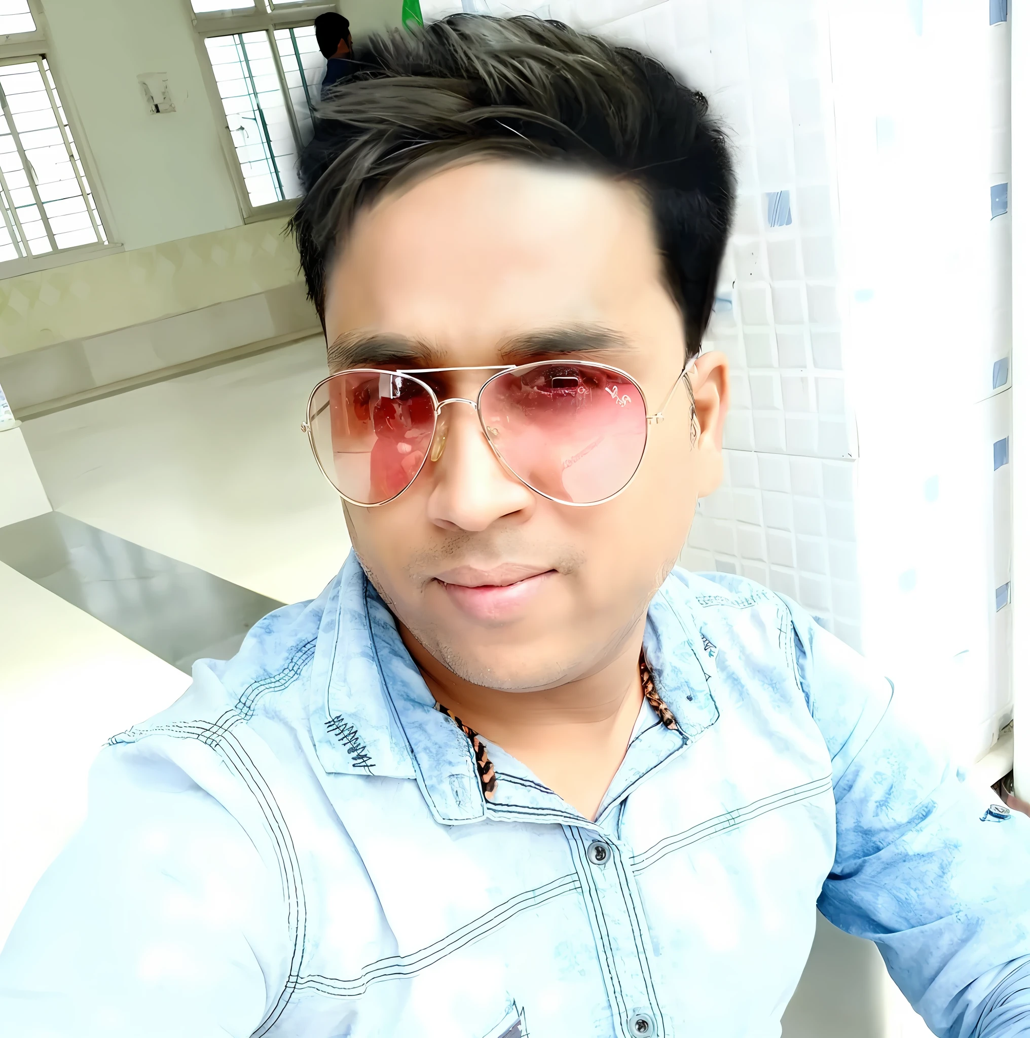 there is a man wearing sunglasses and a blue shirt, with accurate face, with sunglass, ranjit ghosh, with lovely look, jayison devadas, vinayak, ayan nag, inspired by Saurabh Jethani, vastayan, profile pic, in style of col price, very very low quality picture, inspired by Bikash Bhattacharjee