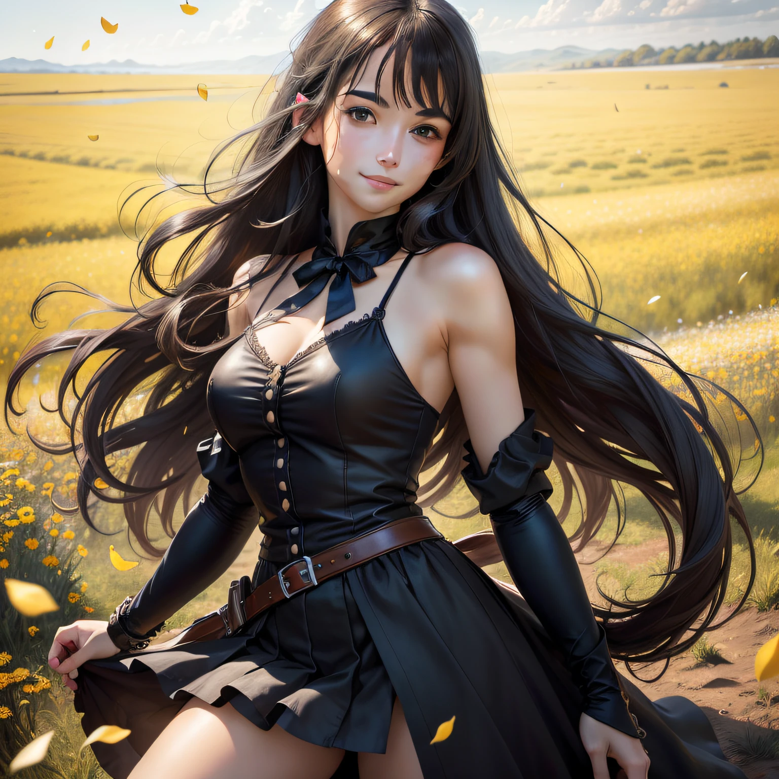 masterpiece, highest quality, ultra detailed, high resolution, (realistic, photo-realistic:1.37), 1 girl, long hair, black hair, arm warmer, sleeveless coat, black shirt, blue skirt, arm ribbon, medium breasts, (upper body), from the side, (smile), wind, RAW photography, delicate, (complex details:1.3), colorful, dark shadows, solo, 8K UHD, (detail skin:1.2), beautiful detailed eyes, sunshine, meadow, flowers, (sky petals, falling petals), best light, perfect face, mysterious, highly detailed,