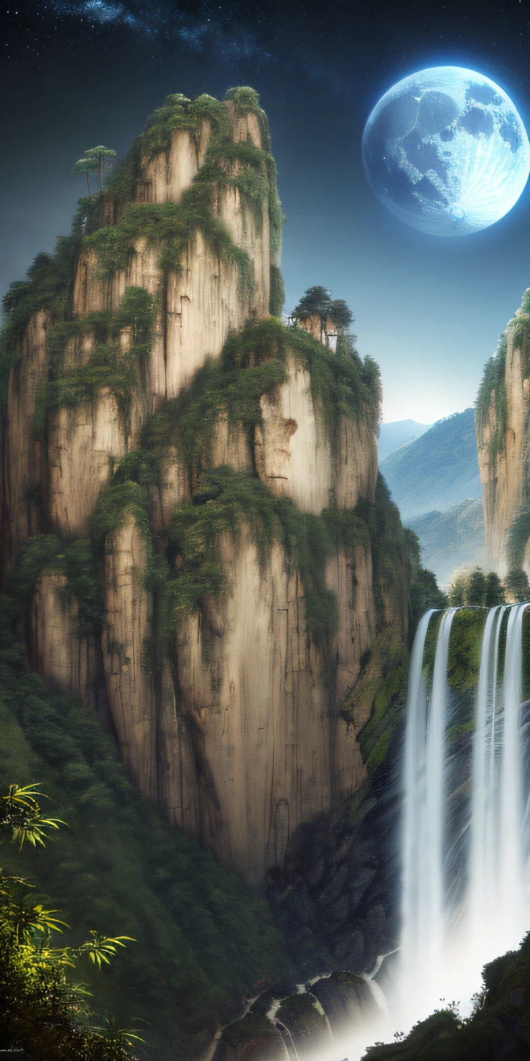 Masterpiece, High quality, Extremely detailed Cg Unity 8K wallpaper, scenery, Outdoors, Bamboo, Moon，Night， No Man, Mountain, landscape,  waterfallr, cliff, Nature, Panda, award winning photography, hdr, full bloom, color difference ,Photorealistic,Extremely detailed, trending on artstationh, trending on CGSociety, Intricate, High detail, Dramatic, art by midjourney