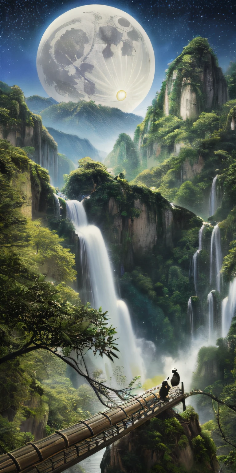 Masterpiece, High quality, Extremely detailed Cg Unity 8K wallpaper, scenery, Outdoors, Bamboo, Moon,Night, No Man, Mountain, landscape, waterfallr, cliff, Nature, Panda, award winning photography, hdr, full bloom, color difference ,Photorealistic,Extremely detailed, trending on artstationh, trending on CGSociety, Intricate, High detail, Dramatic, art by midjourney
