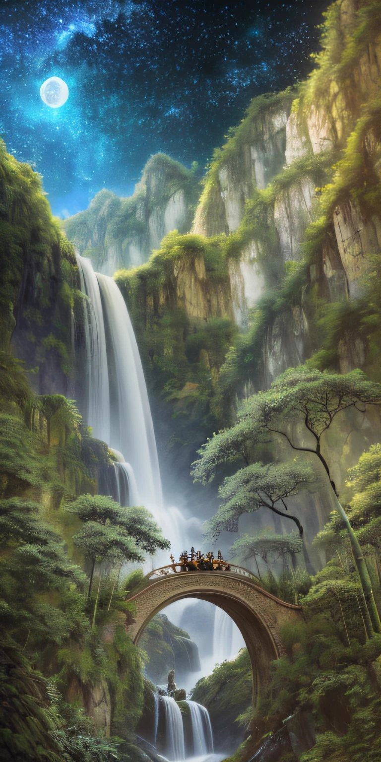 Masterpiece, High quality, Extremely detailed Cg Unity 8K wallpaper, scenery, Outdoors, Bamboo, Moon,Night, No Man, Mountain, landscape, waterfallr, cliff, Nature, Panda, award winning photography, hdr, full bloom, color difference ,Photorealistic,Extremely detailed, trending on artstationh, trending on CGSociety, Intricate, High detail, Dramatic, art by midjourney