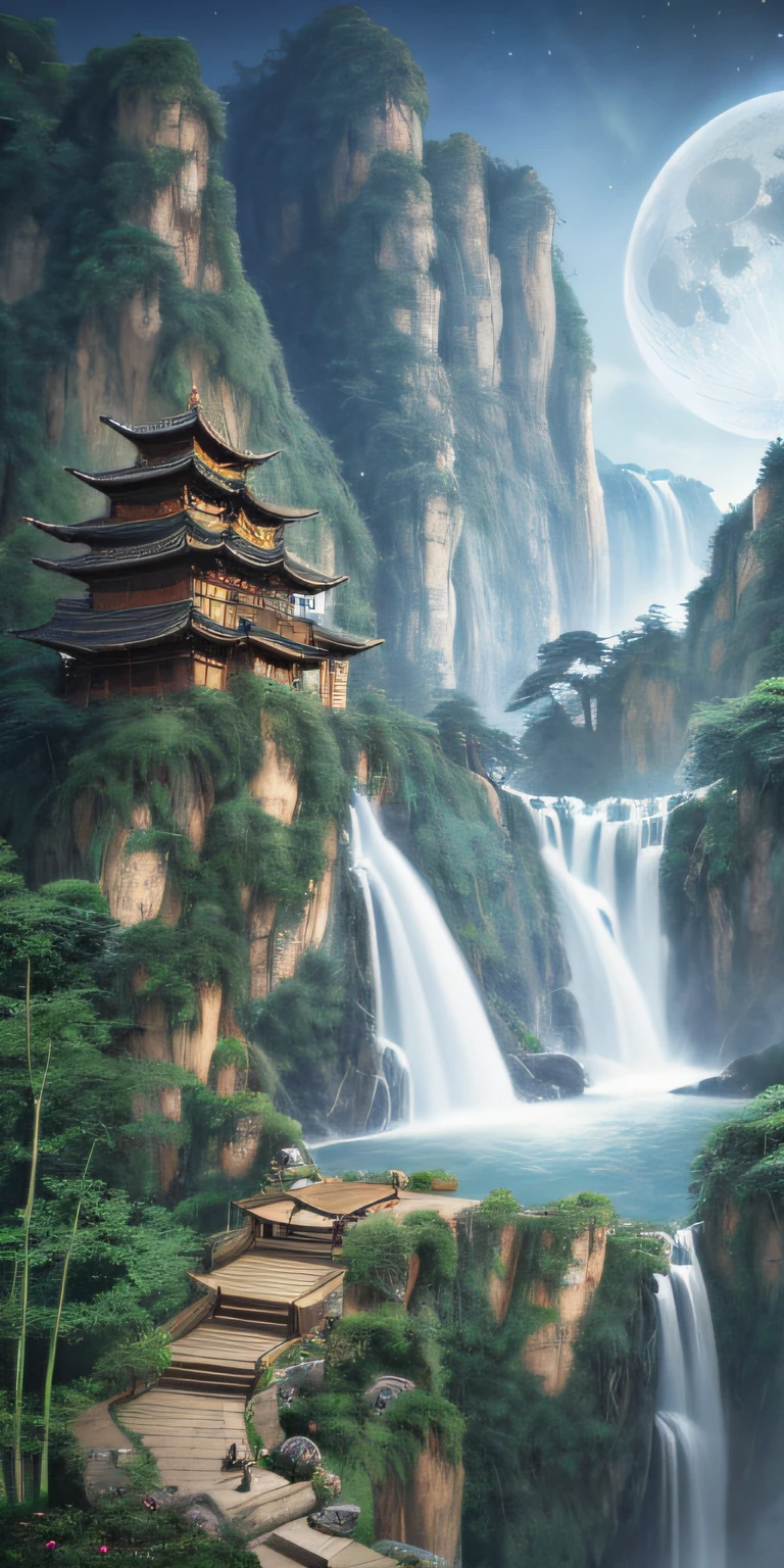Masterpiece, High quality, Extremely detailed Cg Unity 8K wallpaper, scenery, Outdoors, Bamboo, Moon,Night, No Man, Mountain, landscape, waterfallr, cliff, Nature, Panda, award winning photography, hdr, full bloom, color difference ,Photorealistic,Extremely detailed, trending on artstationh, trending on CGSociety, Intricate, High detail, Dramatic, art by midjourney