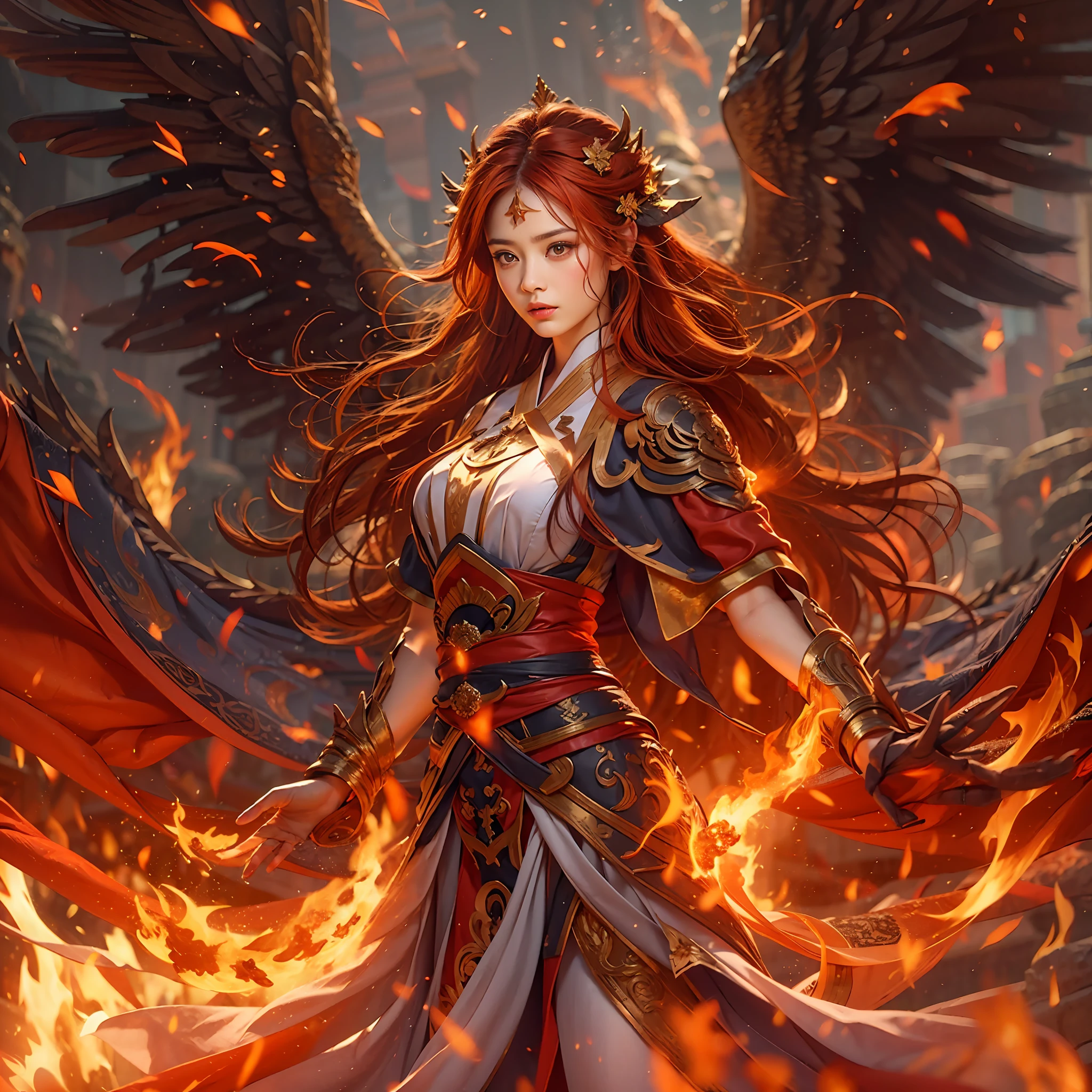 1girll，Flame mage dressed in fiery red（Chinese Hanfu），The robe was embroidered with intricate runes and ornaments，Exudes a burning breath。He was tall and strong，Hands up，Powerful fire spells are being unleashed。His eyes were firm and sharp，A flash of fire flashed in his eyes，Behind the Flame Mage，（A huge flame phoenix spread its wings and flew：1.2），（The feathers of the phoenix burned with roaring flames），It shines brightly，Its body is surrounded by flames，Flame feathers danced，Form a spectacular flaming six-pointed star array pattern，Full of mysterious magic，The whole scene is full of fiery aura and passion for fighting，Large areas of flame spells bloomed in the air，A brilliant arc of flame and flying sparks formed，（Flame Mage and Phoenix），It appears majestic and mysterious in the midst of raging fires，Like the embodiment of fire and magic，red hair，high detal，ultra-realistic realism，Verism，（（Bust photo）），（real photograph：1.4），（lightand shade contrast），cinmatic lighting，Realistic special effects，c4d渲染，rendering by octane，Ray traching，in a panoramic view，angle of view，textureskin，super detailing，hyper HD，tmasterpiece，anatomy correct，best qualtiy，A high resolution，8K