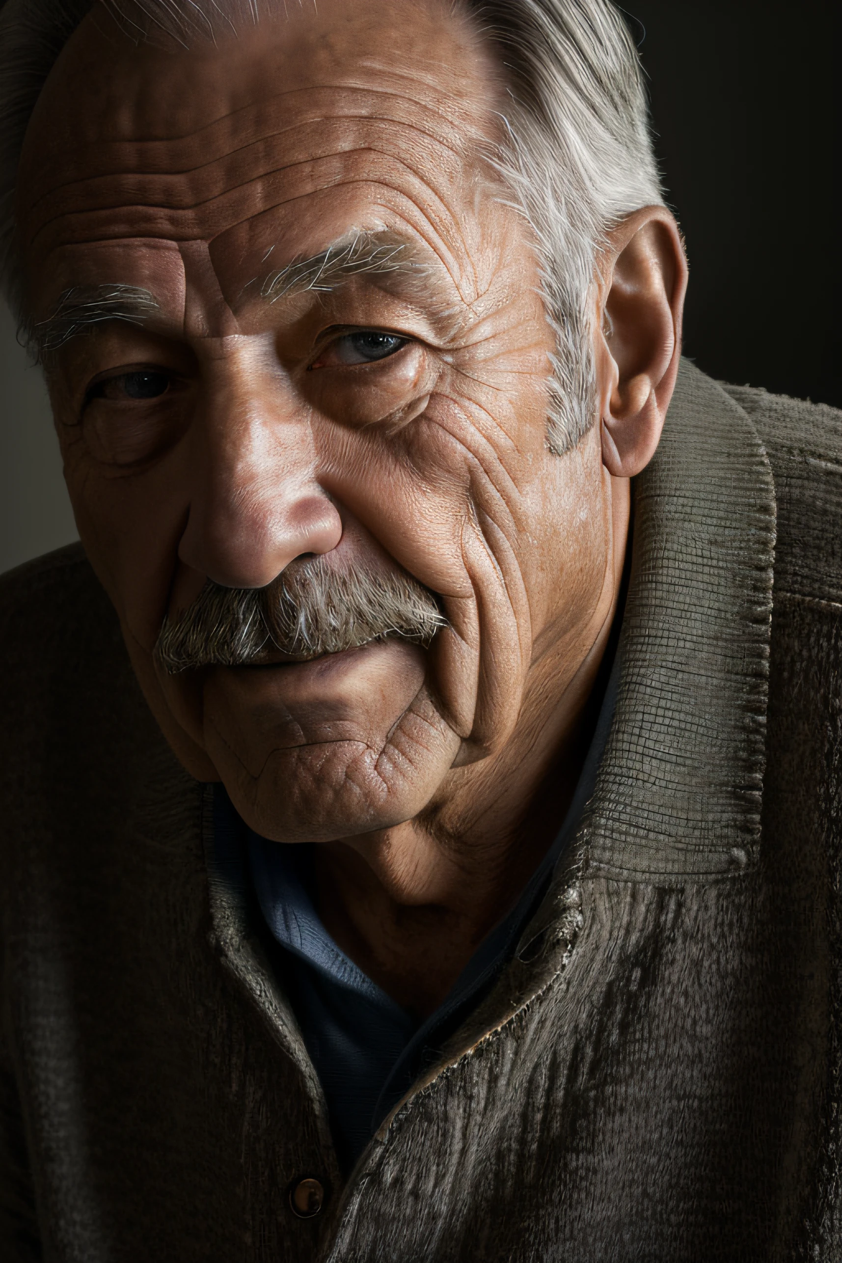 (masterpiece, photorealistic, raw,:1.4), (extremely intricate:1.2), close up, cinematic light, sidelighting, ultra high res, best shadow, RAW, upper body, old man, wearing pullover,
