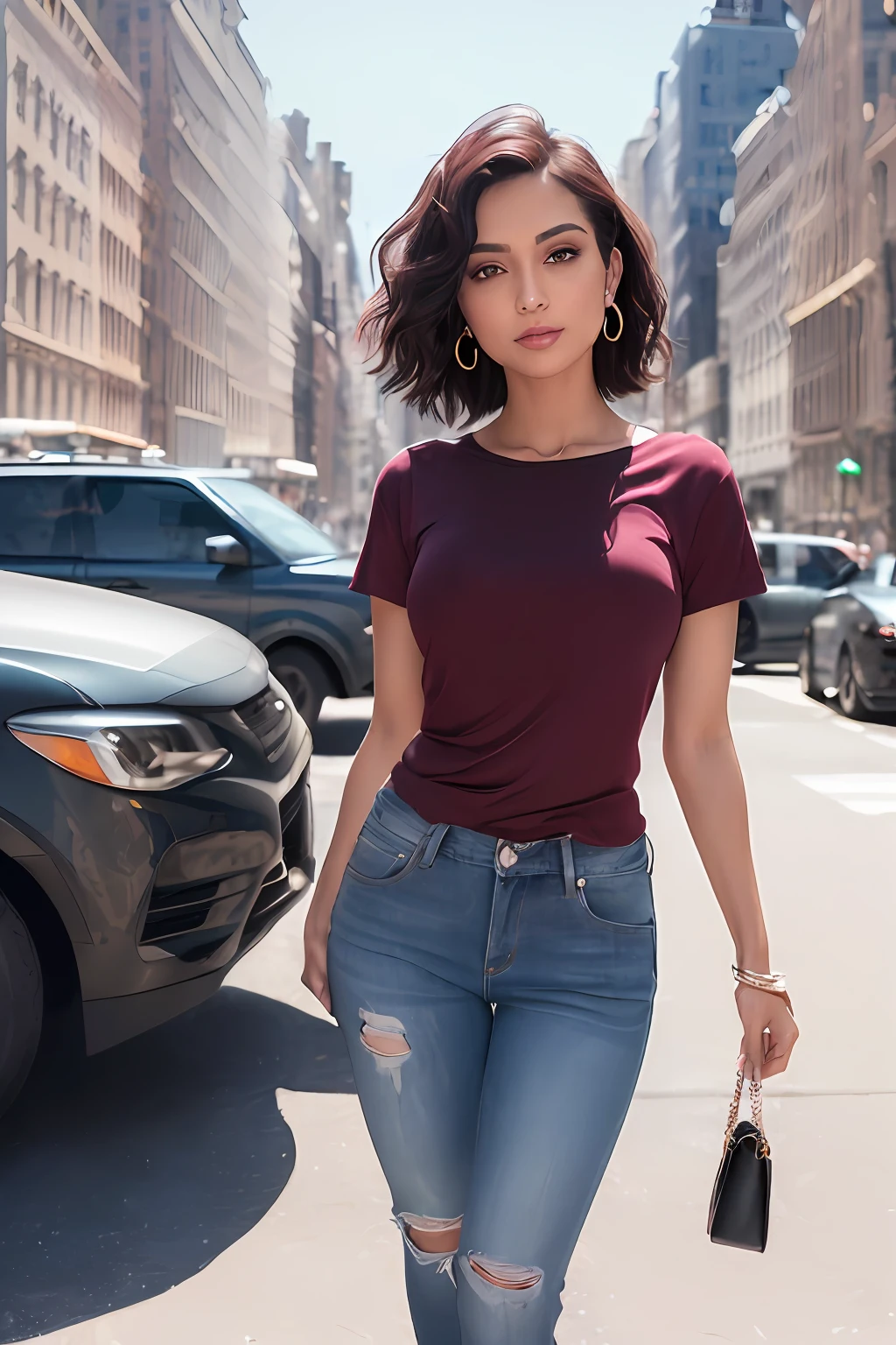 (nsfw),(8K, HDR, highest quality, highly detailed CG unified 8K wallpapers, masterpiece),
(RAW photo, High detail RAW color photo, professional photo),(physics-based rendering),

indian girl, focus on face,camera close-up,
(Black round neck plain Tee-shirt, lose Teeshirt:1.3),(hand fully in jeans pocket:1.5), skinny jeans 
(Black|Claret hair, short hair, wavy hair:1.331),
(Claret high heels:1.25),
from front, looking at viewer, smiling, open mouth, cute, blush, delicate earrings, necklace, eyeshadow,  realistic body, large breast, narrow waist, long legs, wearing basic plain tee-shirt, full body length tee-shirt with skinny jeans, long heels and dark sunglasses 

{finely detailed beautiful eyes and detailed face, detailed facial features, detailed hand and finger features, perfect female figure},
(Cityscape of fifth Avenue in New York:1.33), finely detailed background,beautiful detailed sky,bright sunlight,(strong sunlight:1.21),
cinematic lighting, vibrant color,soft lighting,best shadow,shadow casting,