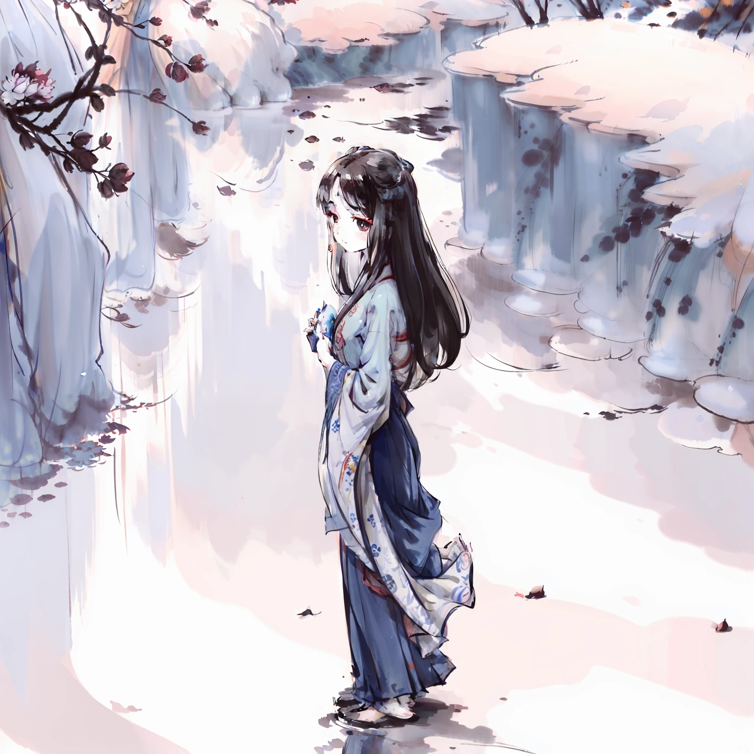 ((4k,masterpiece,best quality)), shuimobysim, traditional chinese ink painting, lotus, hanfu, maxiskit, dress conservatively 1girl, solo, long blue hair, smile, standing, feet in the water, barefoot,