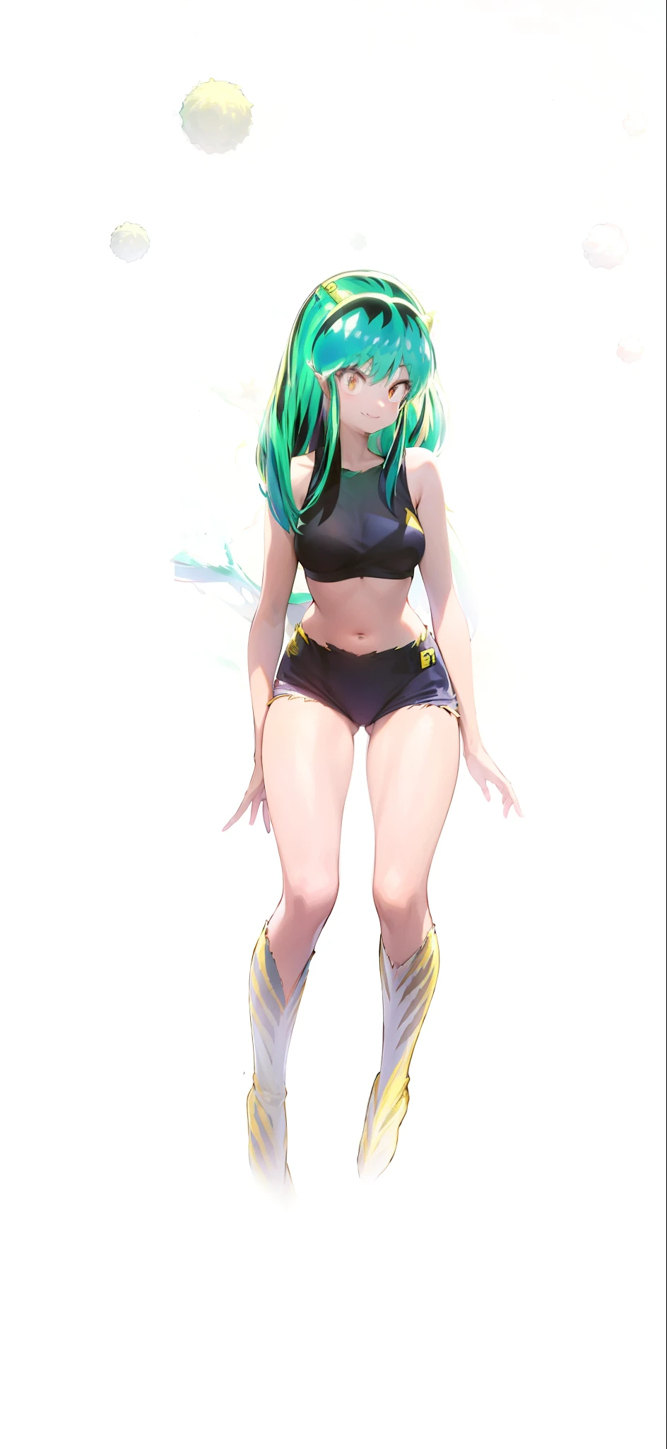 Tiger print boots、sport underwear、Woman with green hair and horns、dance、animesque、urusei yatsura、A smile、Background white
