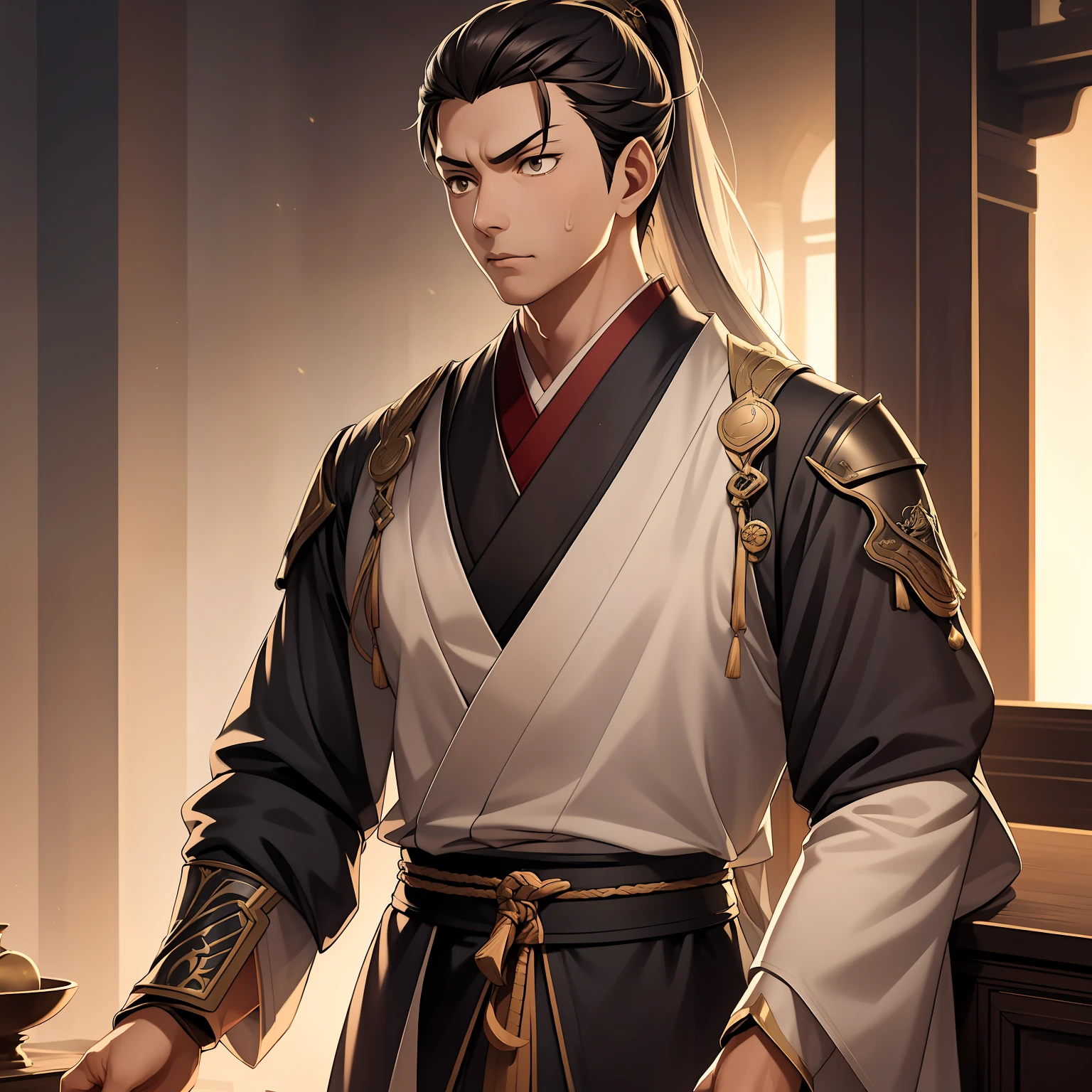 quadratic element,style of anime,mtu(Male Warrior),The proportions are correct,Face details,swordsmen,High ponytail hairstyle,Neck details,There is an Adam's apple,Black Hanfu,kaftan,Embroidered robes,Black robe,clothes details,Handing over,longer sleeves,Game quality,Swordsmanship,Light and shadow tracking,Ray traching,detailed glow,cg render,hair detail,long white hair,Black eyes,Handsome,Handsome,(juvenile sense),Clothing is complicated,Perfectcomposition,Refinement,high qulity,higher details,Lots of details,The background is complex,a sense of atmosphere,