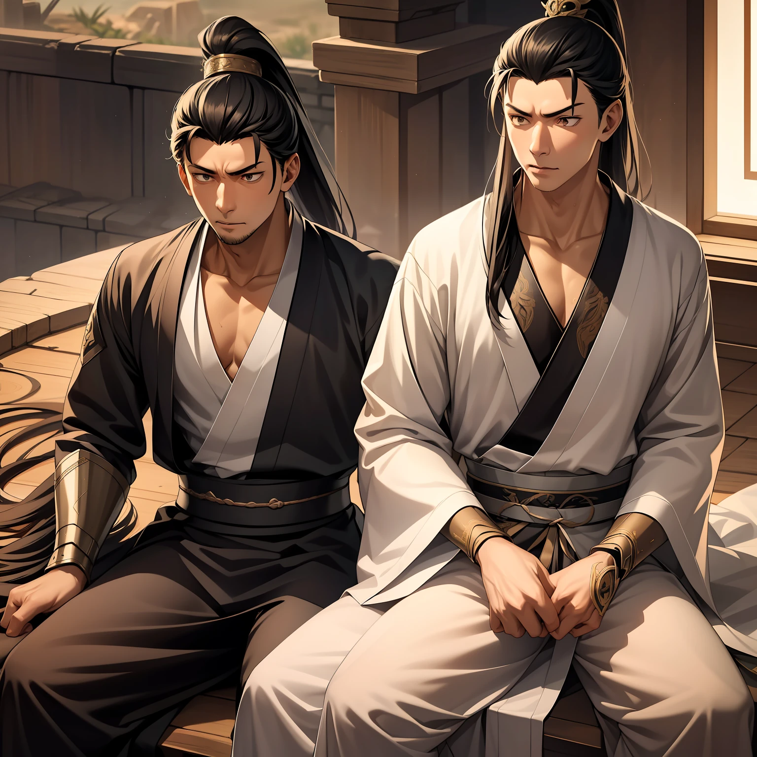 quadratic element，style of anime，mtu（Male Warrior），The proportions are correct，Face details，swordsmen，High ponytail hairstyle，Neck details，There is an Adam's apple，Black Hanfu，kaftan，Embroidered robes，Black robe，clothes details，Handing over，longer sleeves，Game quality，Swordsmanship，Light and shadow tracking，Ray traching，detailed glow，cg render，hair detail，long  white hair，Black eyes，Handsome，Handsome，（juvenile sense），Clothing is complicated，Perfectcomposition，Refinement，high qulity，higher details，Lots of details，The background is complex，a sense of atmosphere，