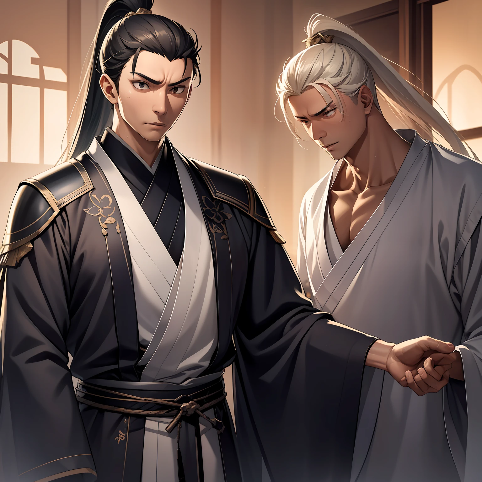 quadratic element,style of anime,mtu(Male Warrior),The proportions are correct,Face details,swordsmen,High ponytail hairstyle,Neck details,There is an Adam's apple,Black Hanfu,kaftan,Embroidered robes,Black robe,clothes details,Handing over,longer sleeves,Game quality,Swordsmanship,Light and shadow tracking,Ray traching,detailed glow,cg render,hair detail,long white hair,Black eyes,Handsome,Handsome,(juvenile sense),Clothing is complicated,Perfectcomposition,Refinement,high qulity,higher details,Lots of details,The background is complex,a sense of atmosphere,