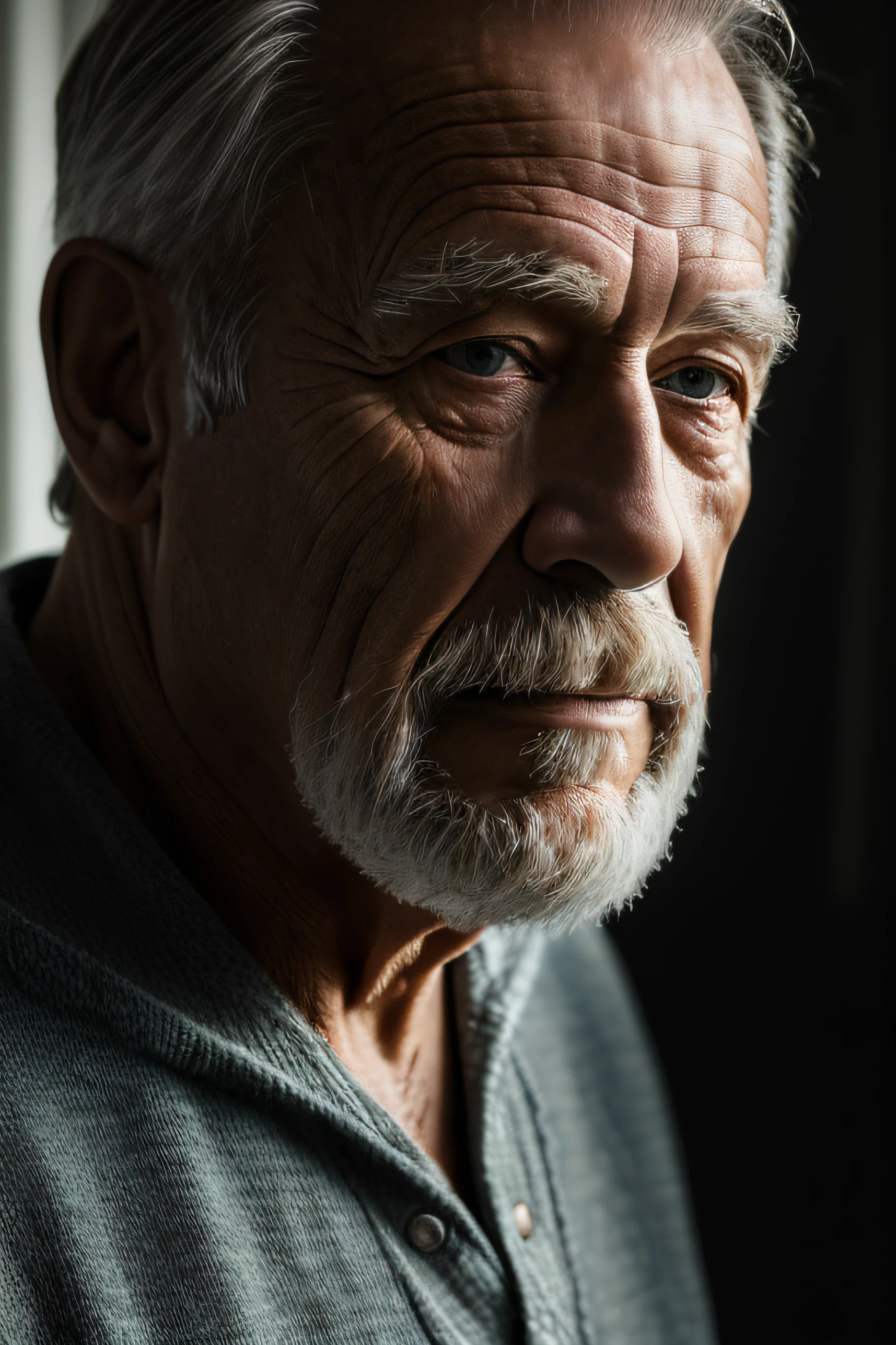 (masterpiece, photorealistic, raw,:1.4), (extremely intricate:1.2), close up, cinematic light, sidelighting, ultra high res, best shadow, RAW, upper body, old man, wearing pullover,