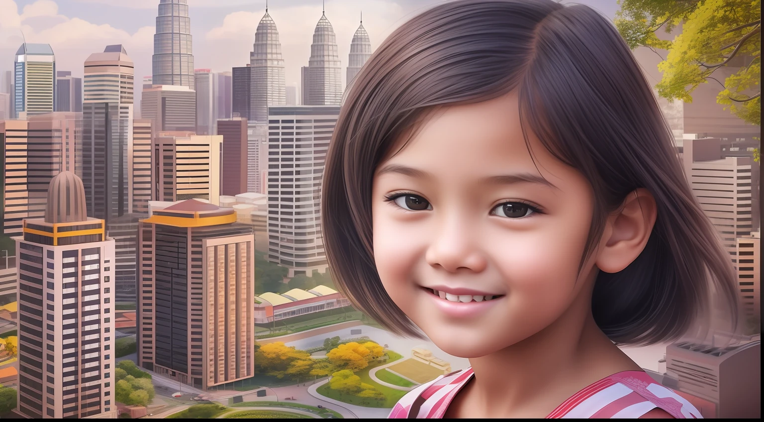 Generate a image of a young girl, , from Malaysia, with malaysian features, realistic city background, best quality, real, well detailed, hyper-realistic