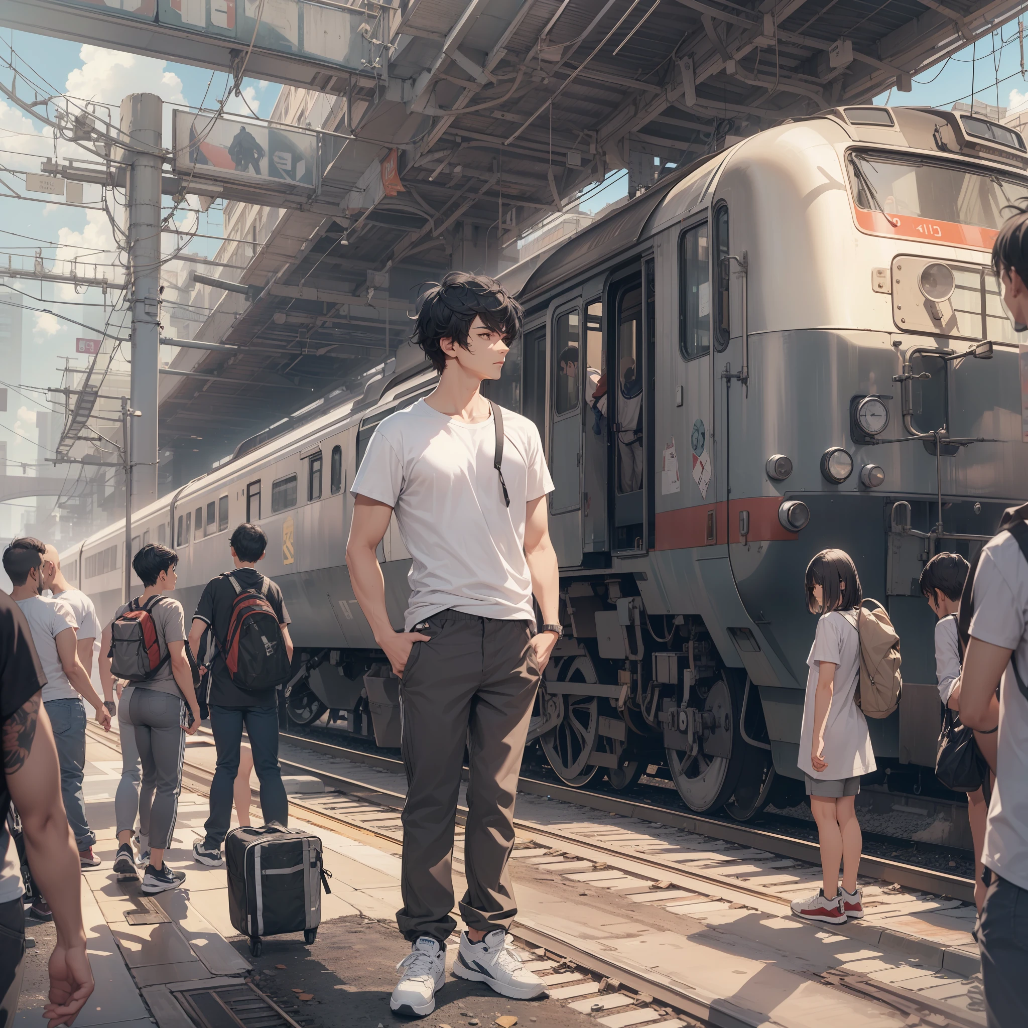 (absurdres, highres, ultra detailed),(Masterpiece, best quality:1.2),1man, black hair,short hair, standing in front of a train station, wearing a white t-shirt,black long pants, wearing sneakers,train, surrounded by crowds of people,high resolution,