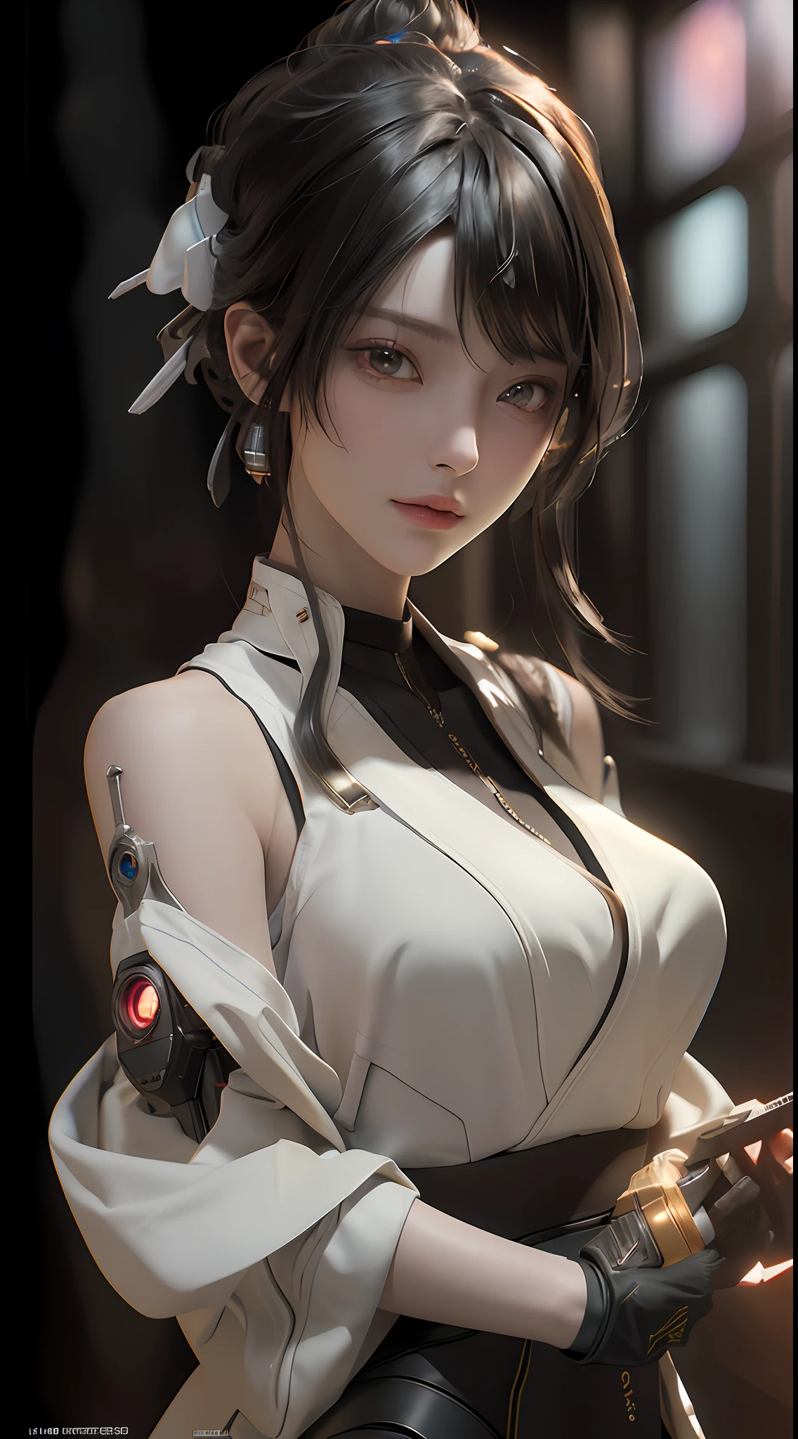 ((Best quality)), ((masterpiece)), (detailed:1.4), 3D, an image of a beautiful cyberpunk female,HDR (High Dynamic Range),Ray Tracing,NVIDIA RTX,Super-Resolution,Unreal 5,Subsurface scattering,PBR Texturing,Post-processing,Anisotropic Filtering,Depth-of-field,Maximum clarity and sharpness,Multi-layered textures,Albedo and Specular maps,Surface shading,Accurate simulation of light-material interaction,Perfect proportions,Octane Render,Two-tone lighting,Wide aperture,Low ISO,White balance,Rule of thirds,8K RAW,