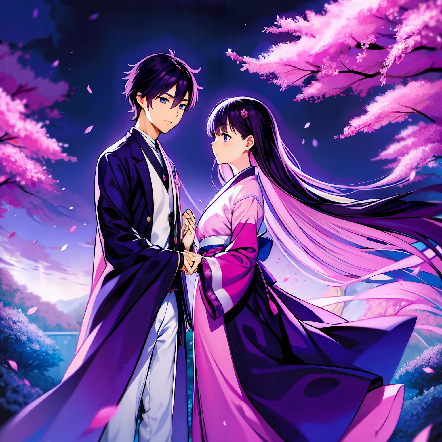 One Man and One Woman Girl Long Hair Purple Eyes Smile Garden Spring Pink Sakura Kimono Boy Look Down at Girl Short Hair Brunette Blue Eyes Japanese Clothes Shyness Two People Holding Hands Japanese Anime Style