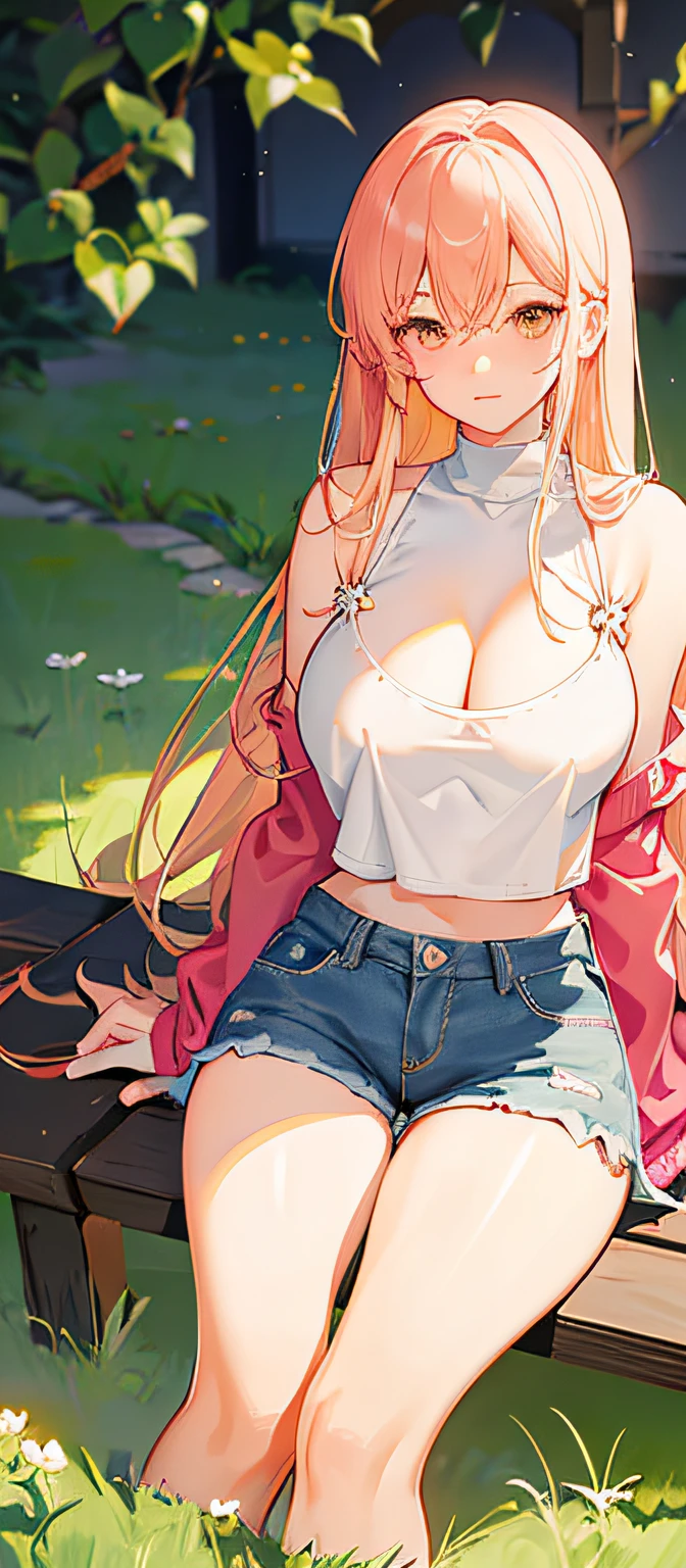 Lori huge breasts cleavage,white panties,dual horsetail,Sit on grass,denimpants with pinksweater,cropped shoulders,Bare legged,with fair skin,Bare thighs,is shy,Raised sexy,Fuller,full bodyesbian