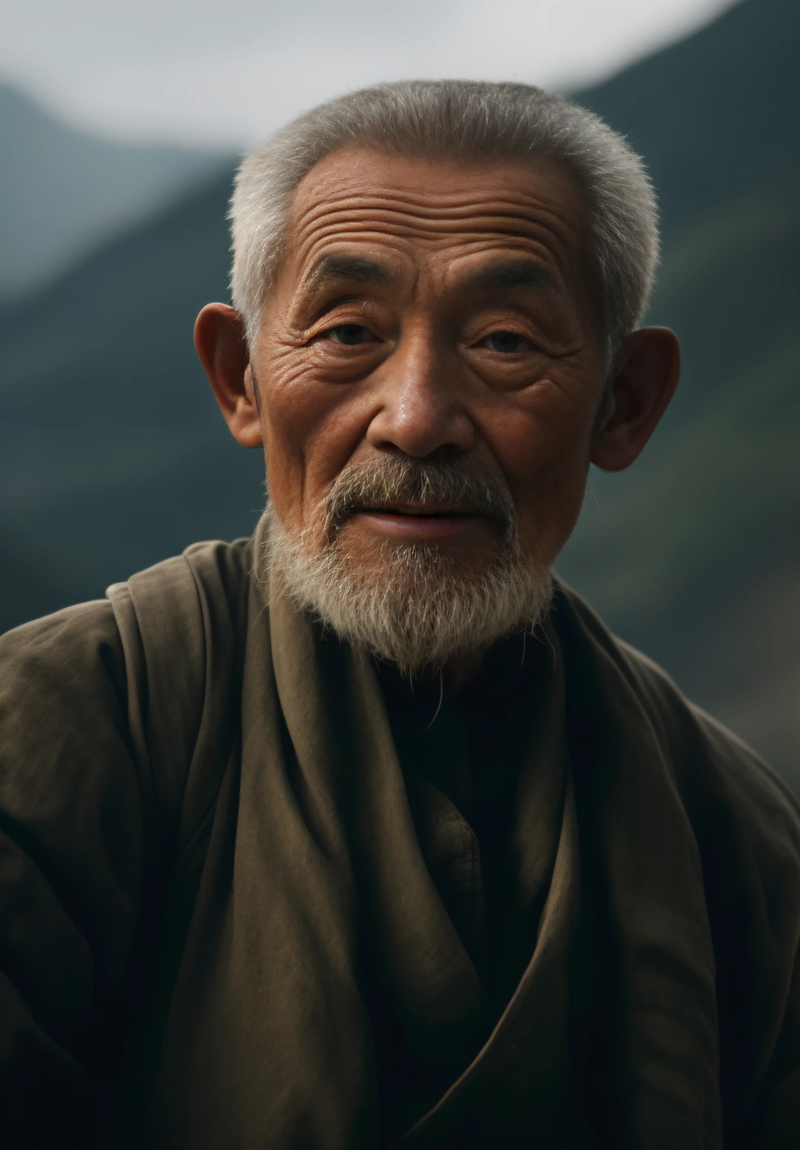 The Aalfed man with a beard and mustache stands in front of the mountain, An old man, Wise old man, old man portrait, hyper-detailed portrait, color photograph portrait 4k, Asian people, asian man, Asian face, portrait photo of an old man, close - up portrait shot, portrait of monk, Cinematic. author:leng jun, high quality portrait