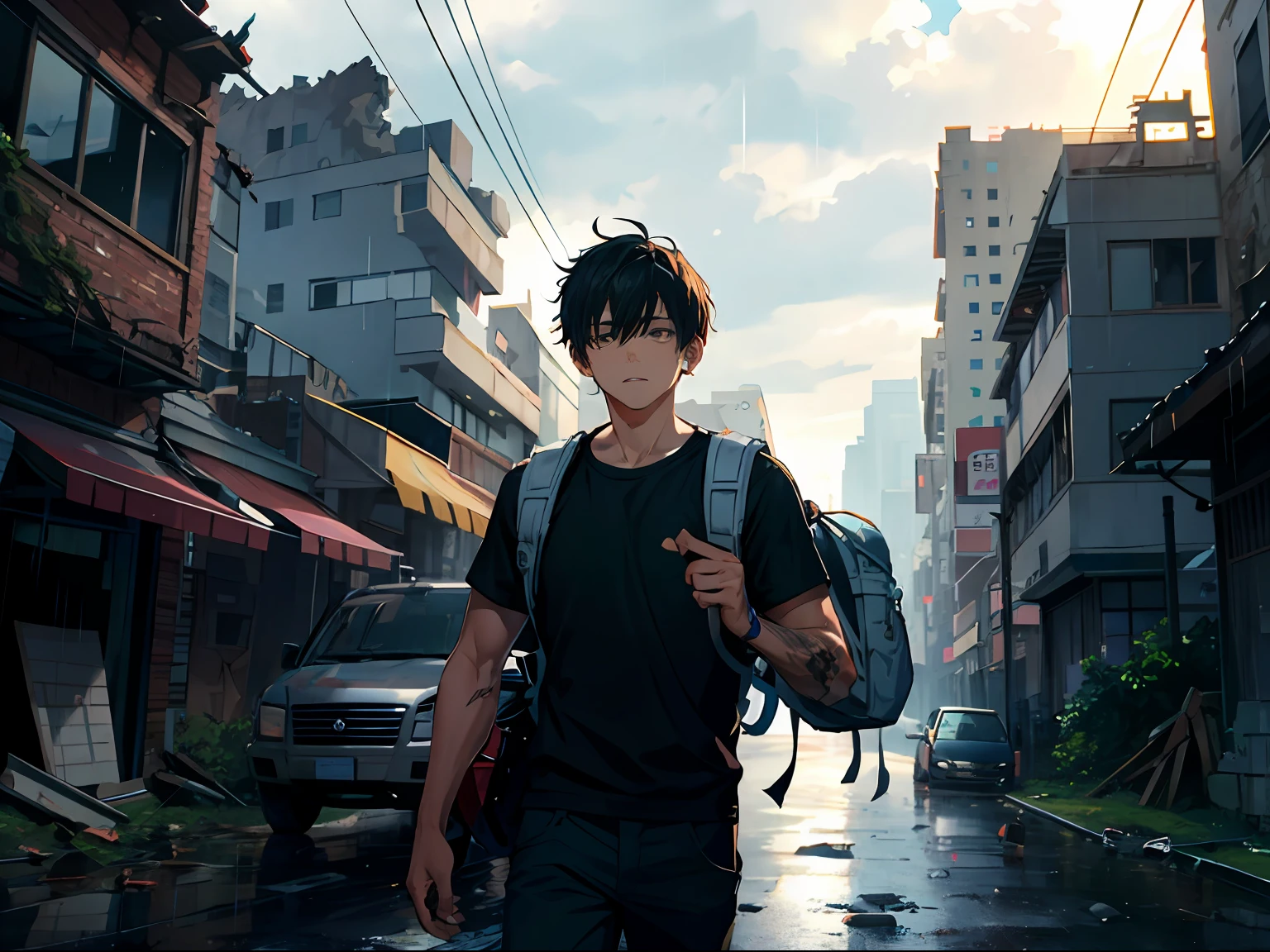 Ultra HD details、Dilapidated ruined city、Rain sky、Giant trucks,Handsome boy in black、A hesitant expression appeared,carrying backpack