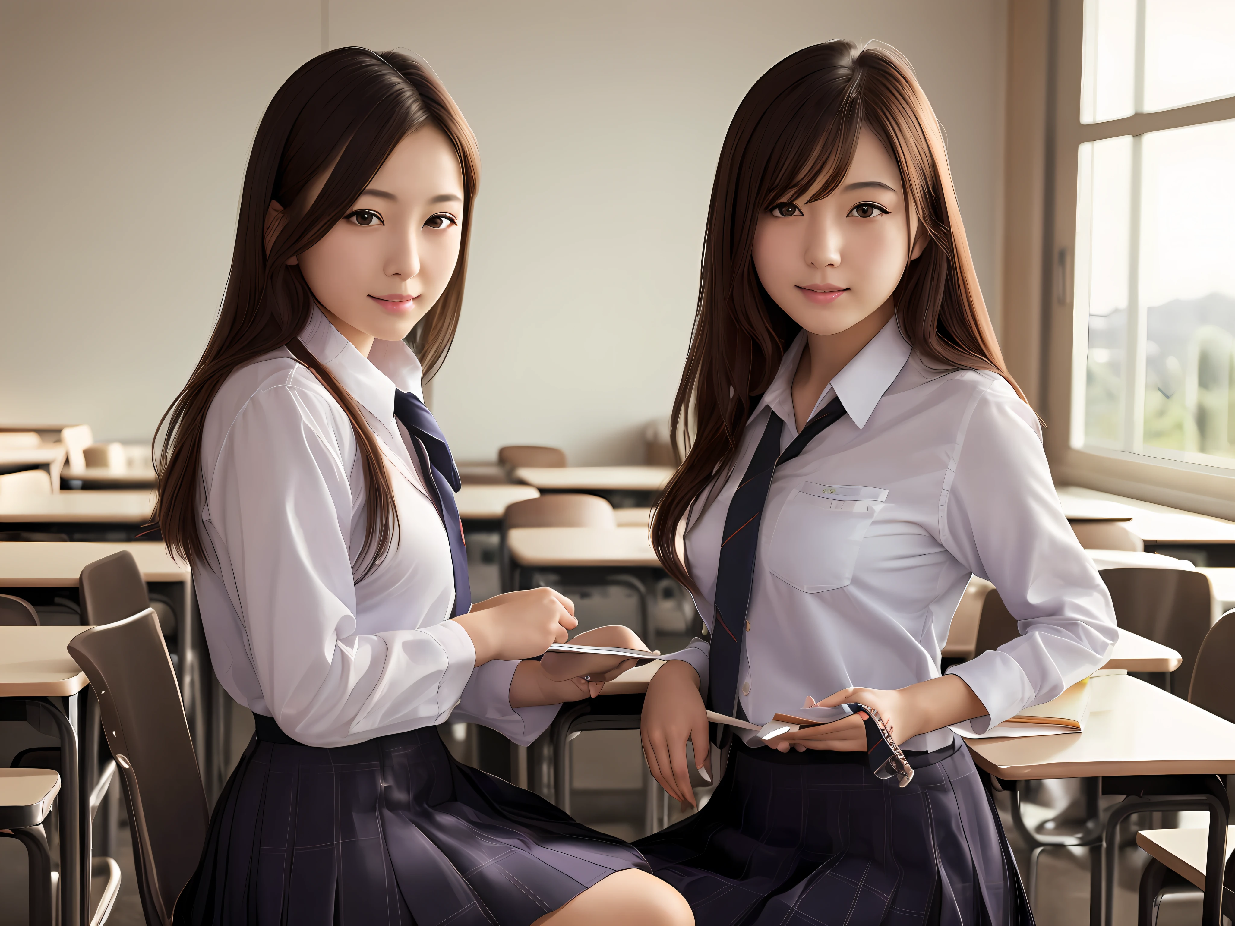 Best Quality, masutepiece, 超A high resolution, (Photorealistic:1.4), Raw photo, Beautiful, kawaii, Two Japan Girls, Wearing high-school uniform, In the classroom of  the school