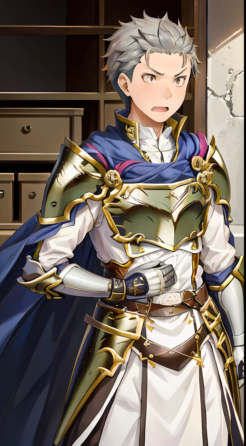 (1 Adult male),A high resolution, Sharp focus, Pixiv masterpiece, ((Complicated details)), highly detailed, natsuki_subaru, 1 man, with her mouth open,drools,full bodyesbian, Golden eyes(eyes glowing), with short white hair,Combat uniforms and armor,cloaks,Shoulder armor,perspire,look from down