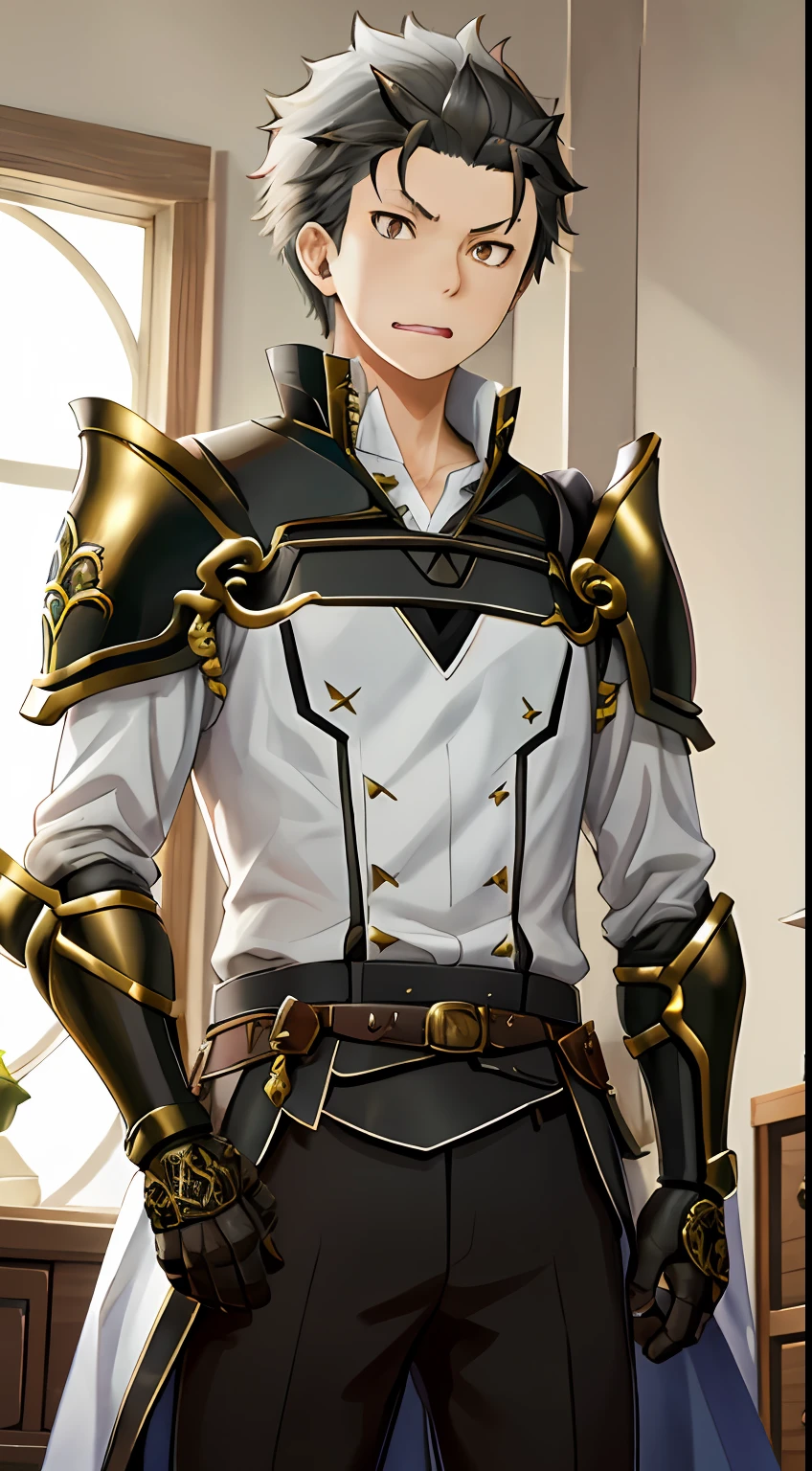 (1 Adult male),A high resolution, Sharp focus, Pixiv masterpiece, ((Complicated details)), highly detailed, natsuki_subaru, 1 man, with her mouth open,drools,full bodyesbian, Golden eyes(eyes glowing), with short white hair,Combat uniforms and armor,cloaks,Shoulder armor,perspire,look from down