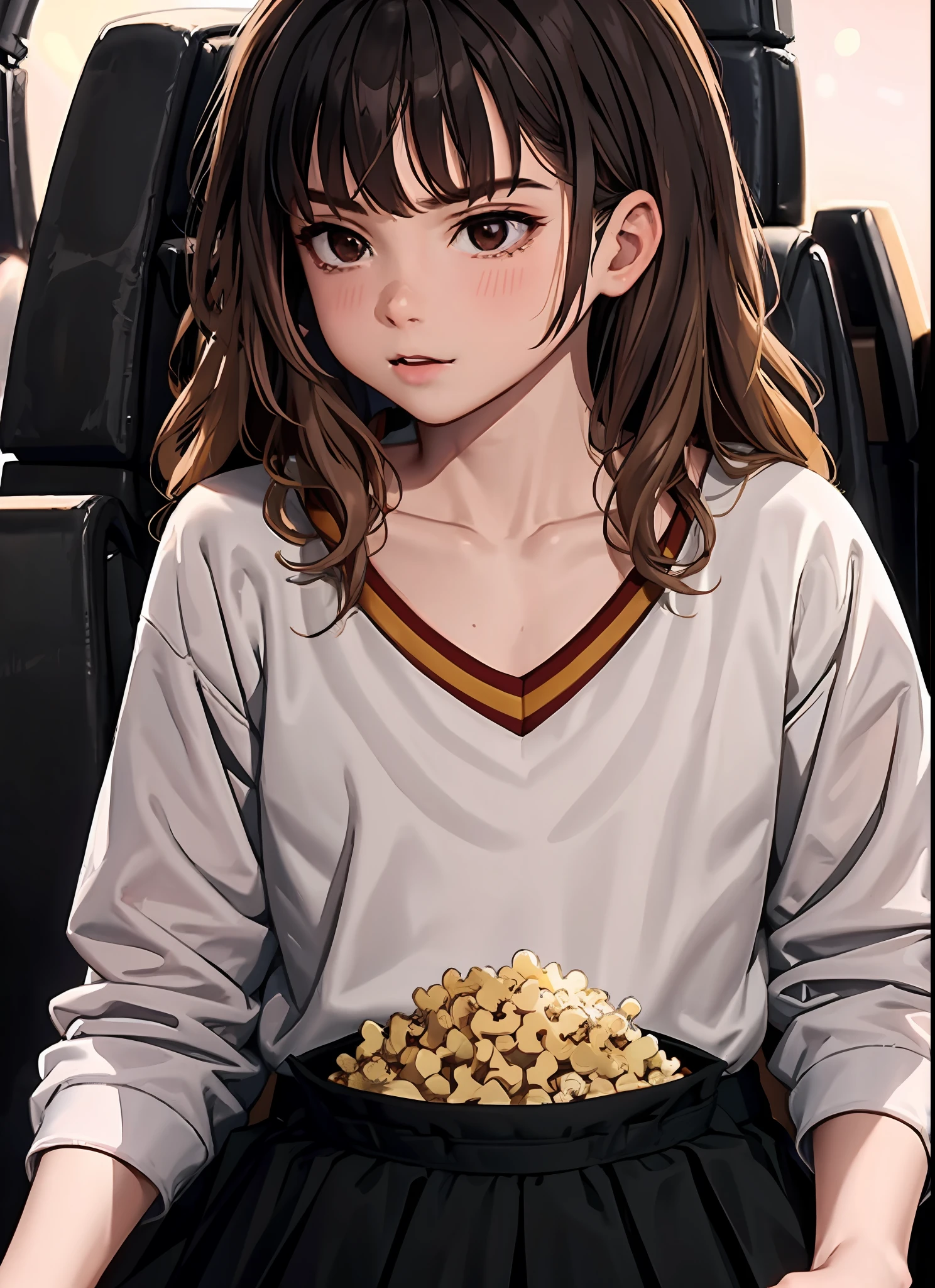 1girl, Solo Focus, (child), Brown eyes, (************), Small child eating popcorn, Sitting in the cinema, cinema, cinema, Casual shirt, Hermione Granger, erotica, Sex, sperm on face, décolleté, little chest