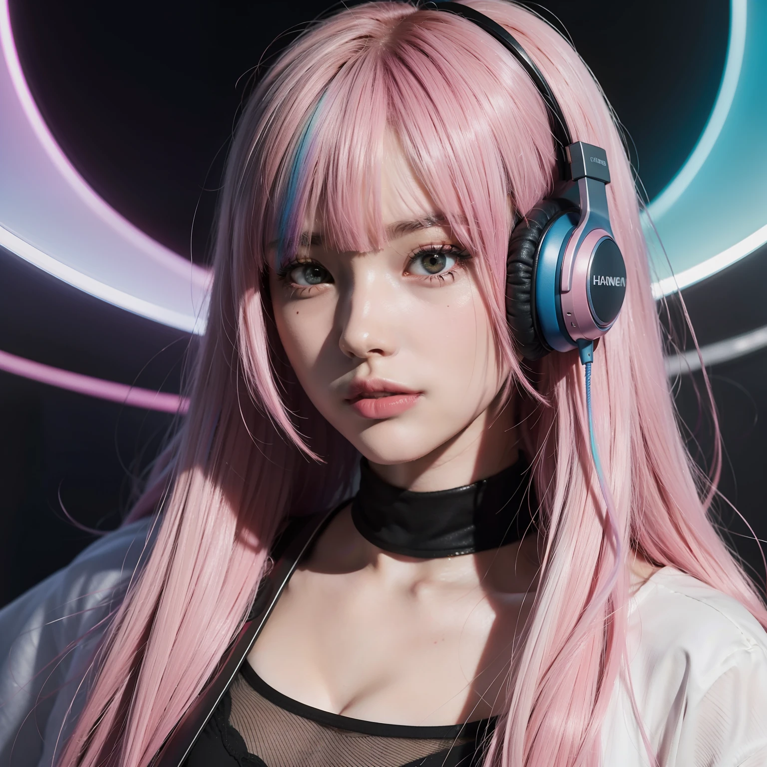 Gradient hair, Rainbow hair, Game girlfriend, Pink hair, hyper HD, Masterpiece, Textured skin, High quality, 8K,wearing headphone
