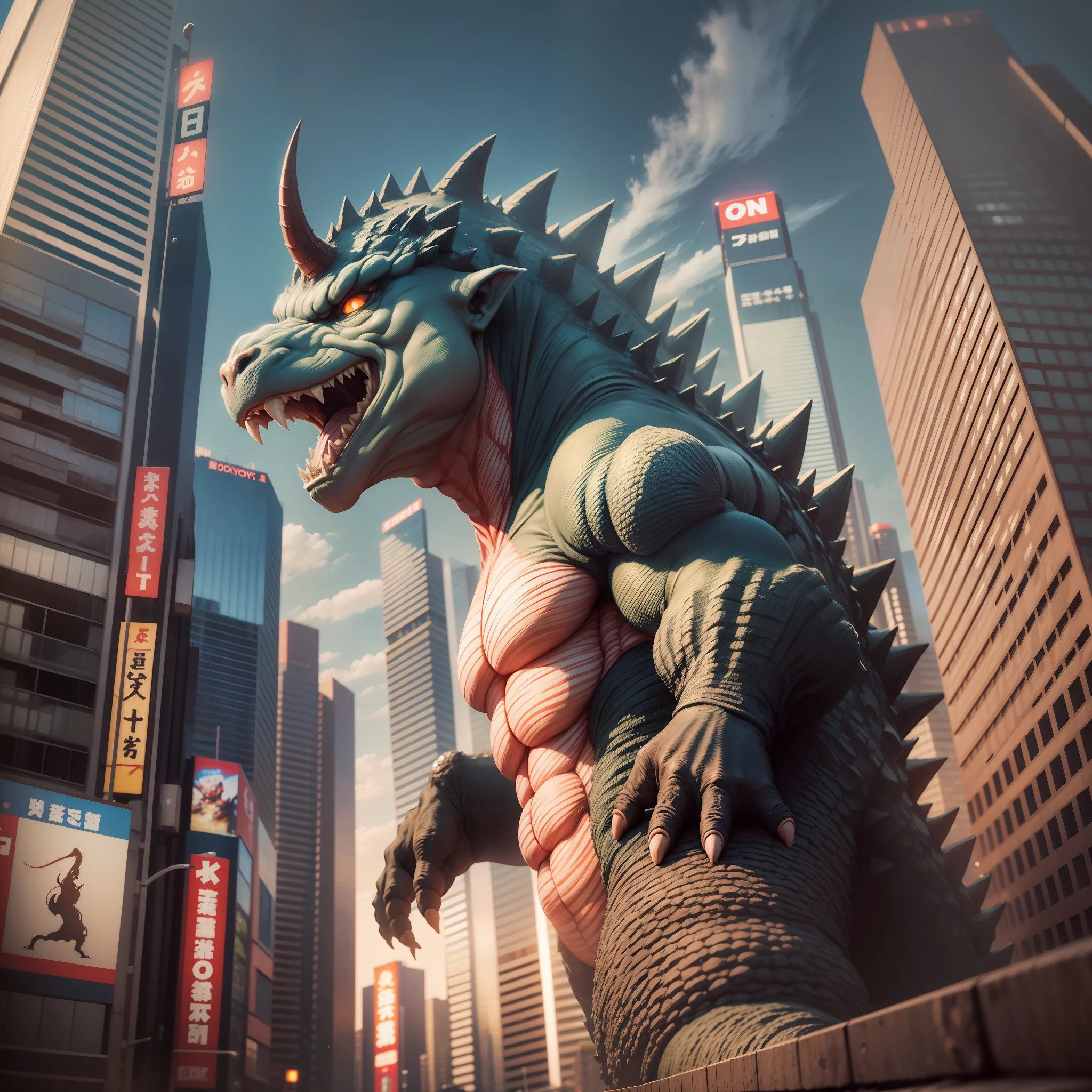Giant monsters like Godzilla、horns grow from the whole body。fires。 taken with sony alpha 9, view from ground level, captured with sony a3 camera, photo taken from the ground, captured on canon eos r 6, View Up, picture taken from the ground, view from ground level, Skysky, shot from a low-angle, View from the ground, in Tokyo under