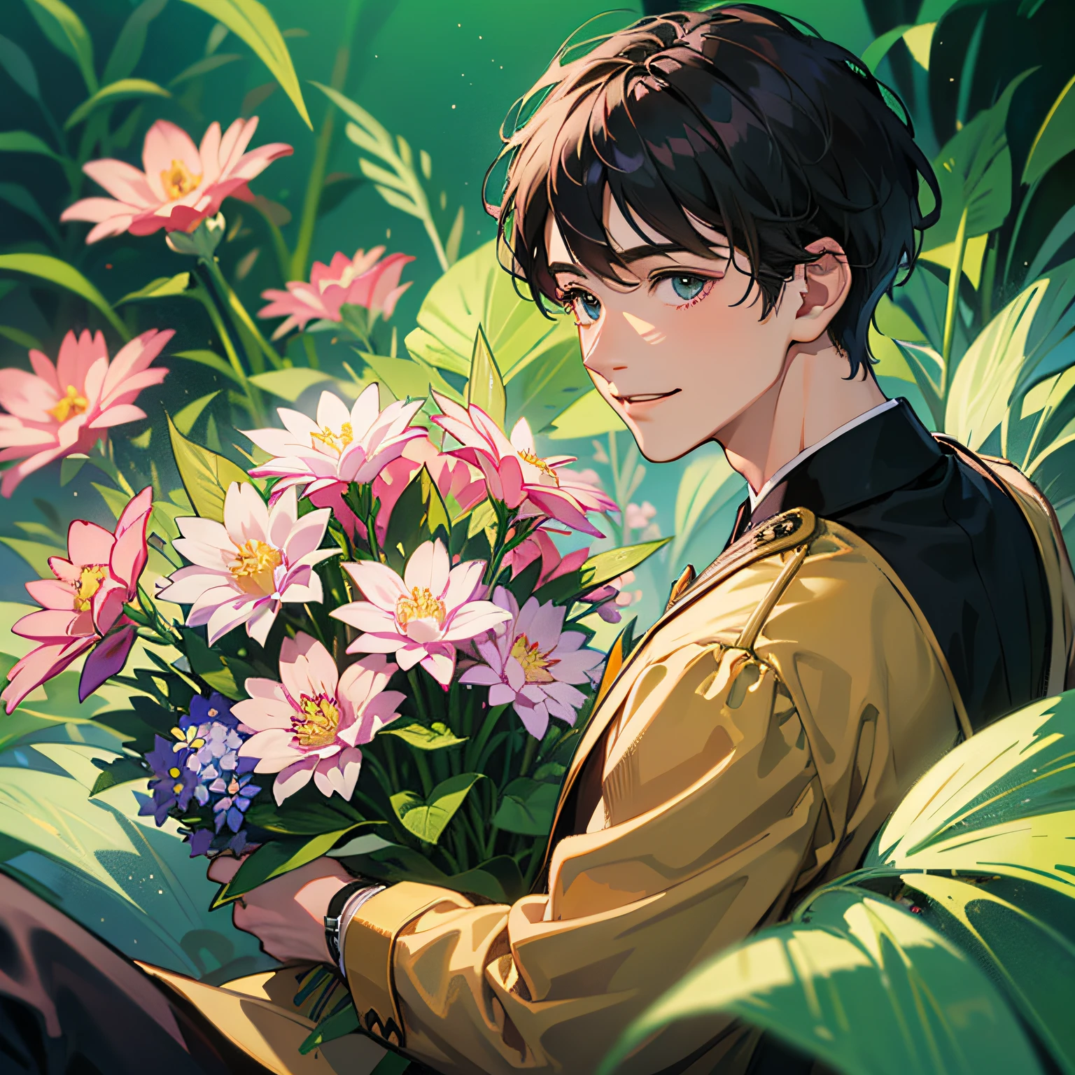 A young man holding flowers，ssmile，farewell，Look back at the audience