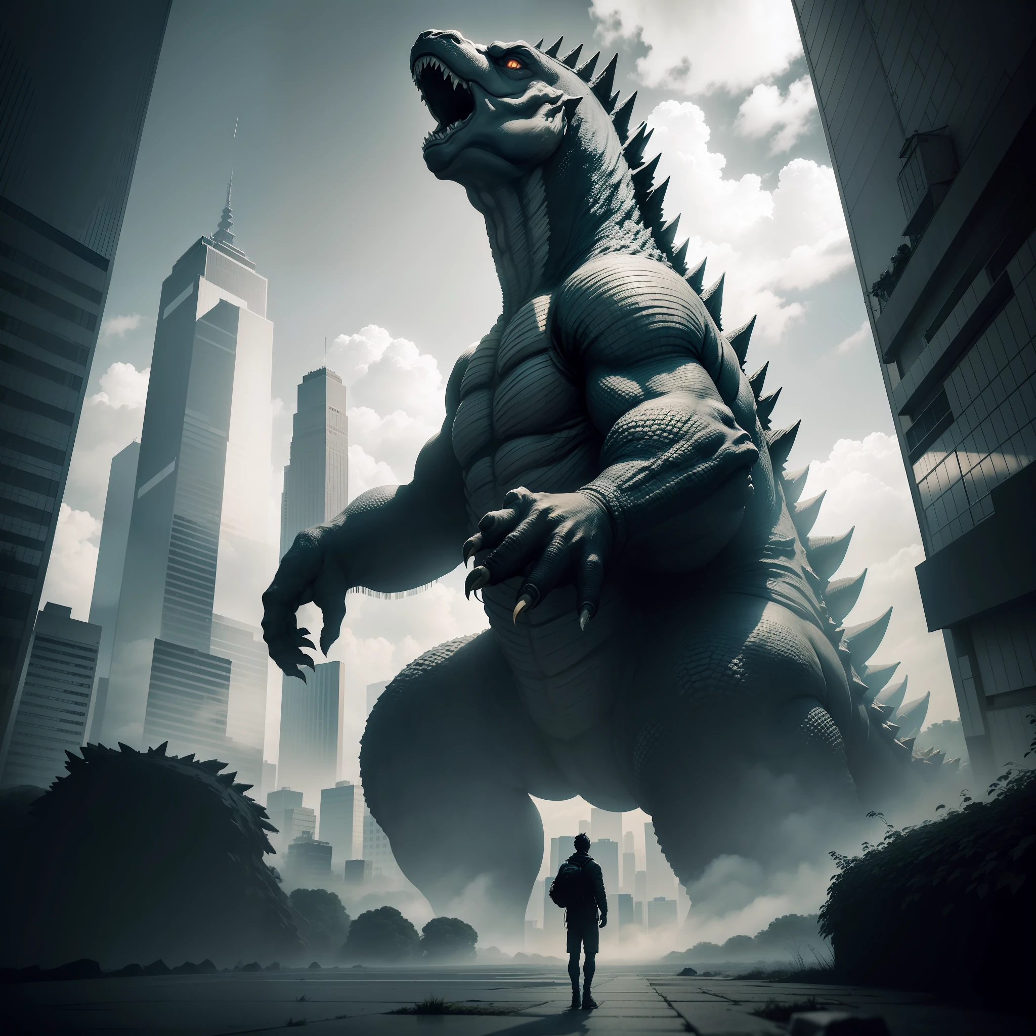 Giant monsters like Godzilla、horns grow from the whole body。 taken with sony alpha 9, view from ground level, captured with sony a3 camera, photo taken from the ground, captured on canon eos r 6, View Up, picture taken from the ground, view from ground level, Skysky, shot from a low-angle, View from the ground, in Tokyo under