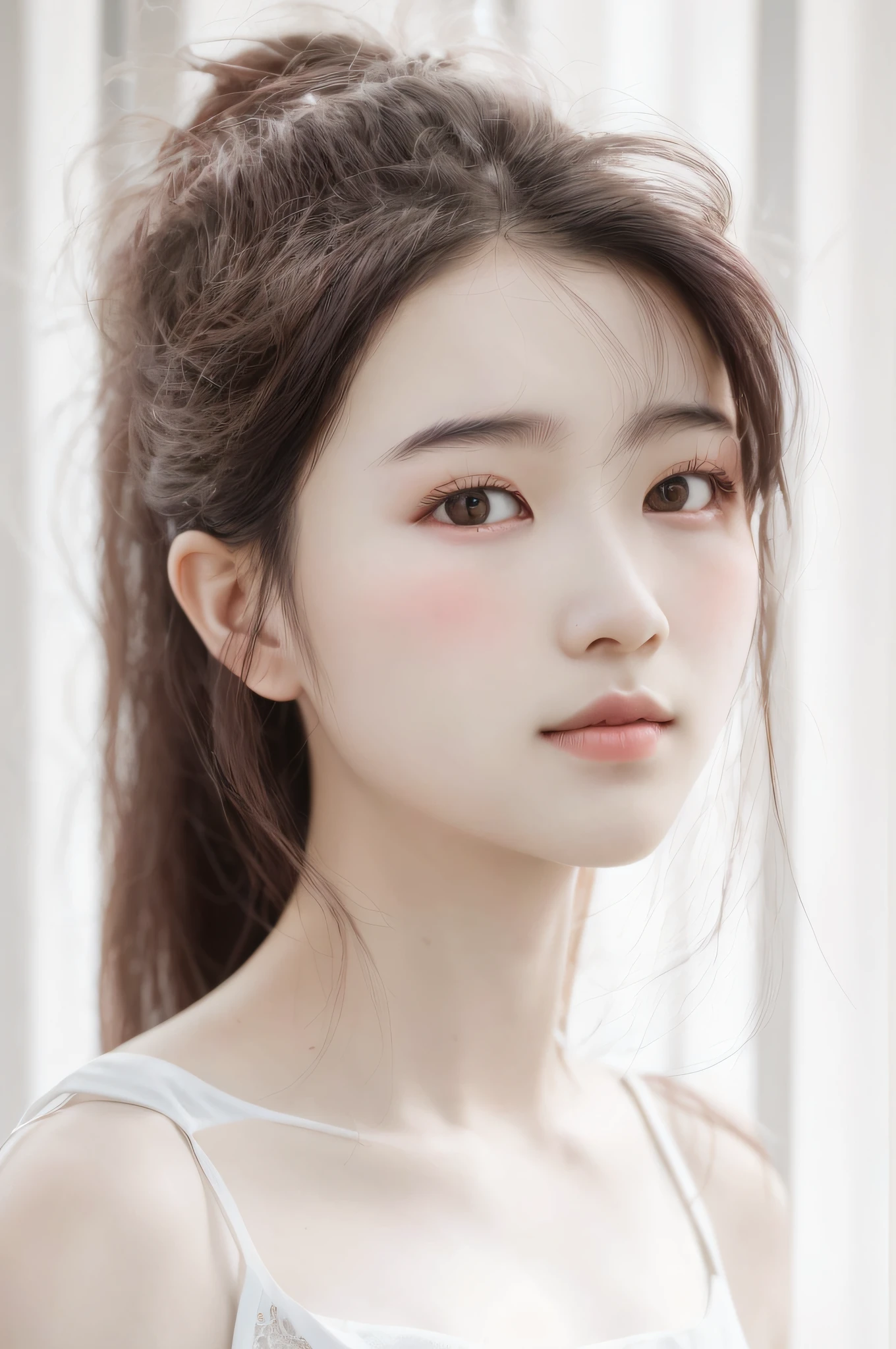 Arad woman in a white dress with messy hair, young cute wan asian face, cute delicate face, beautiful delicate face, beautiful aesthetic face, asian beautiful face, young lovely Korean faces, girl cute-fine face, Beautiful young Korean woman, xision wu, Korean face features, Xianxia, feminine beautiful face, woman with porcelain skin