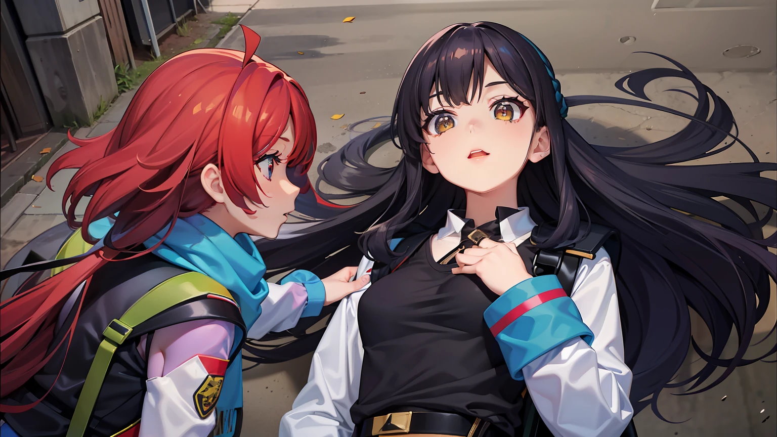 She's a little petite and、has a slender physique. She has long red curly hair and a scrunchie behind her. She wore a black military uniform with a scarf around her neck.、I have a yellow shoulder bag on my back. Tight mini skirt, Blue tights and long boots.